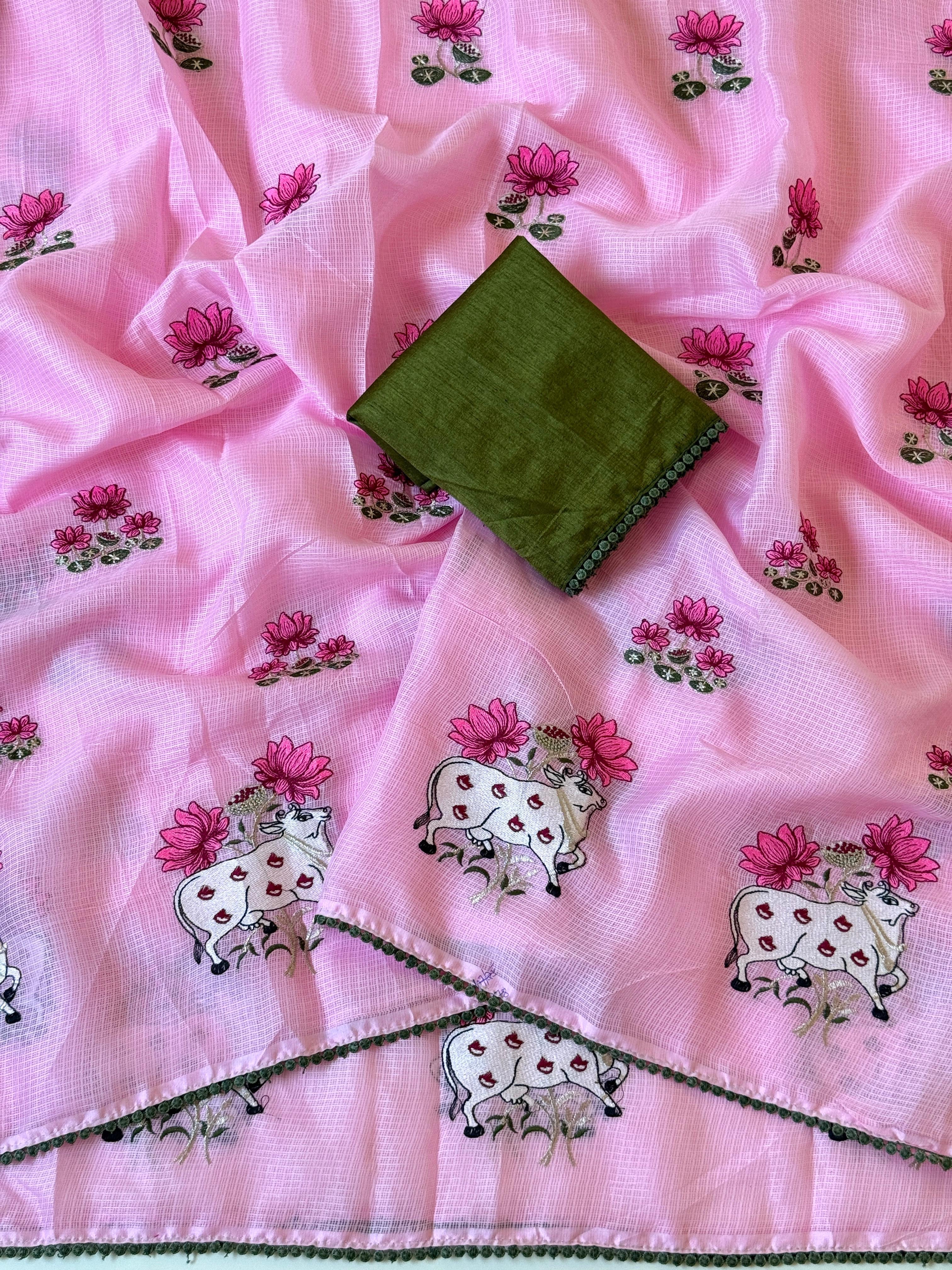 Light Weight Kota Chex Fabric With Beautiful Multi Color Embroidery Work