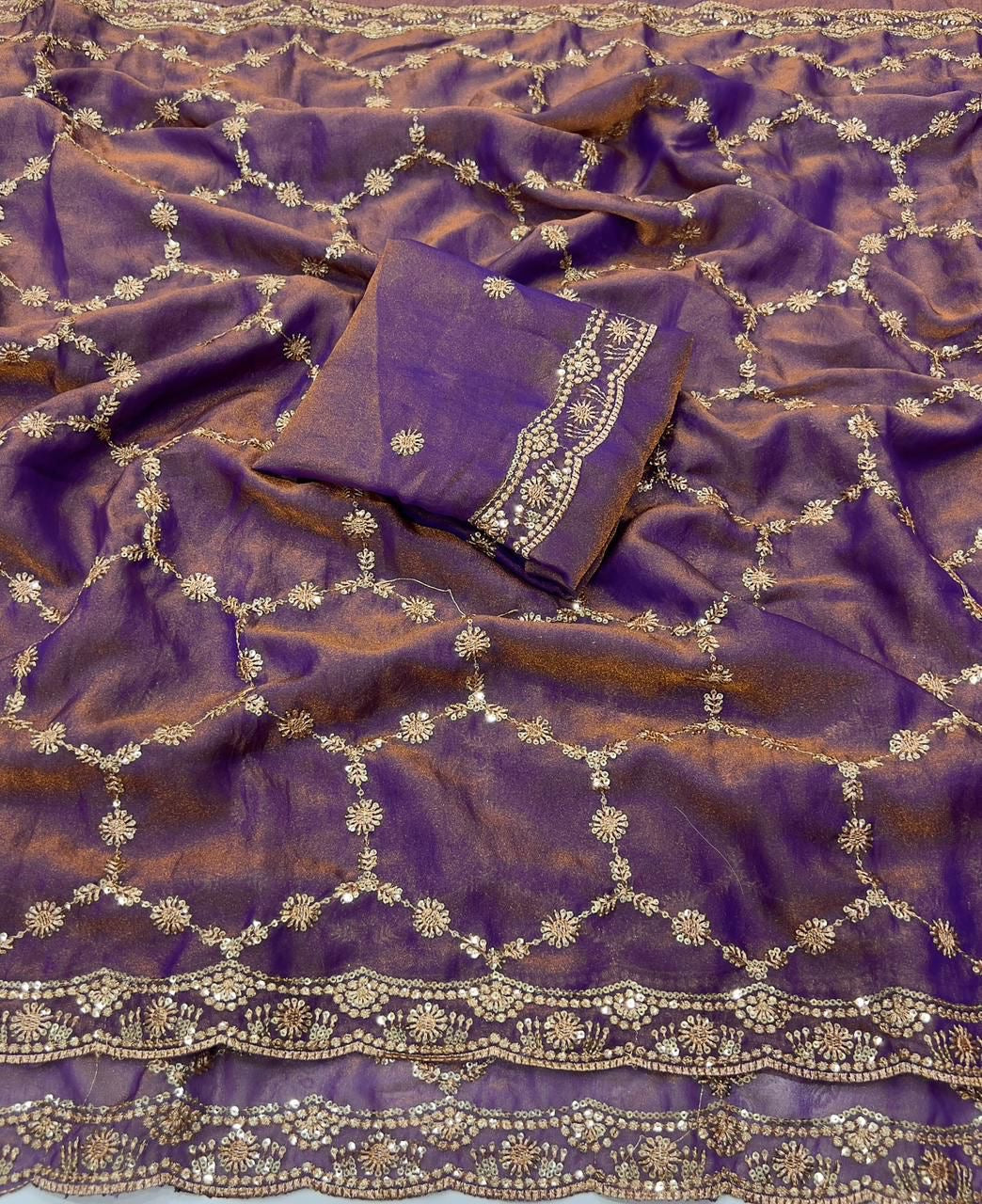 NC Moss Sattin Dual Shad Multi Sequence Emrodairy Work Saree With Running Blouse