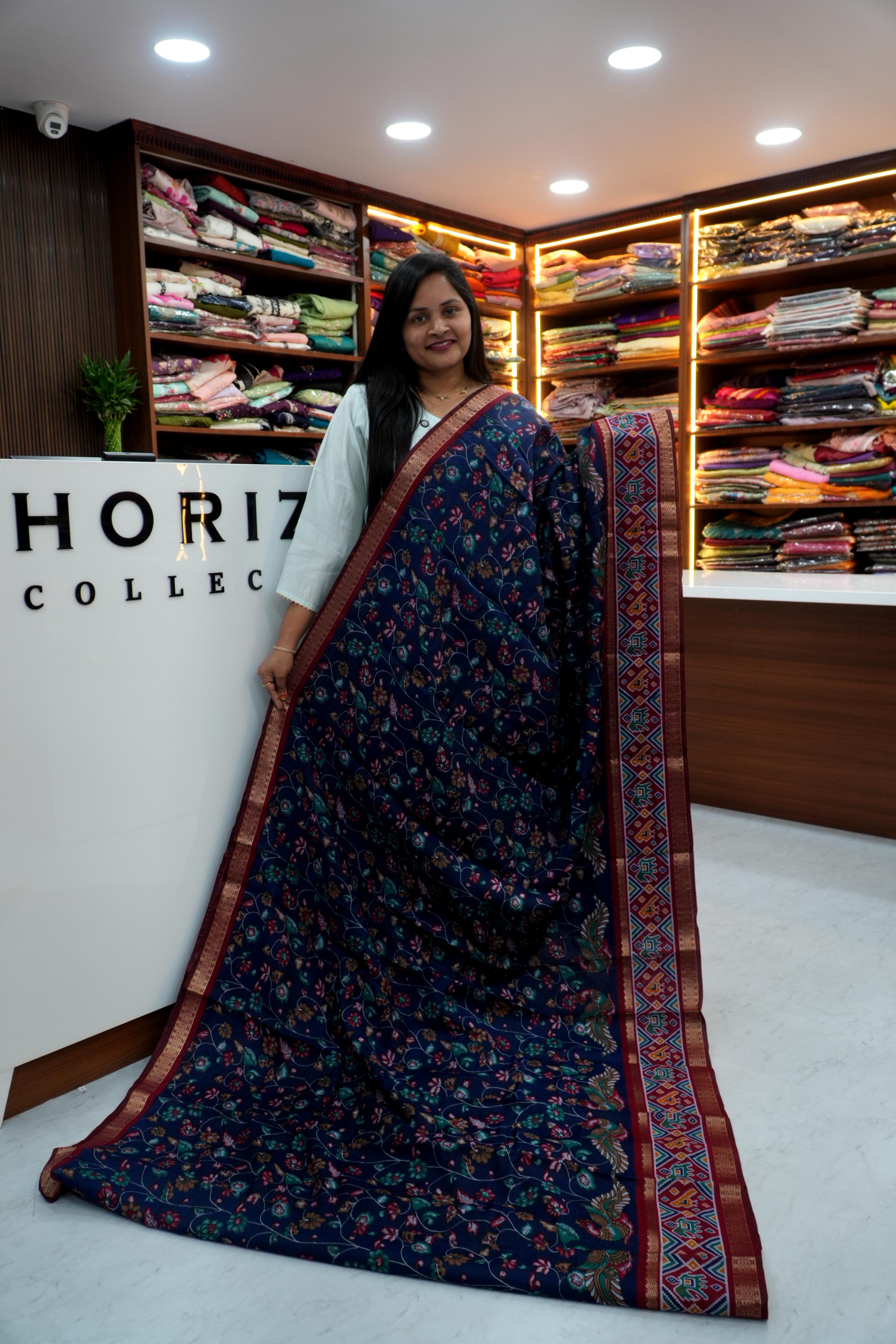 Kalamkari sarees in Maheswari silk fabric and Pochampally borders