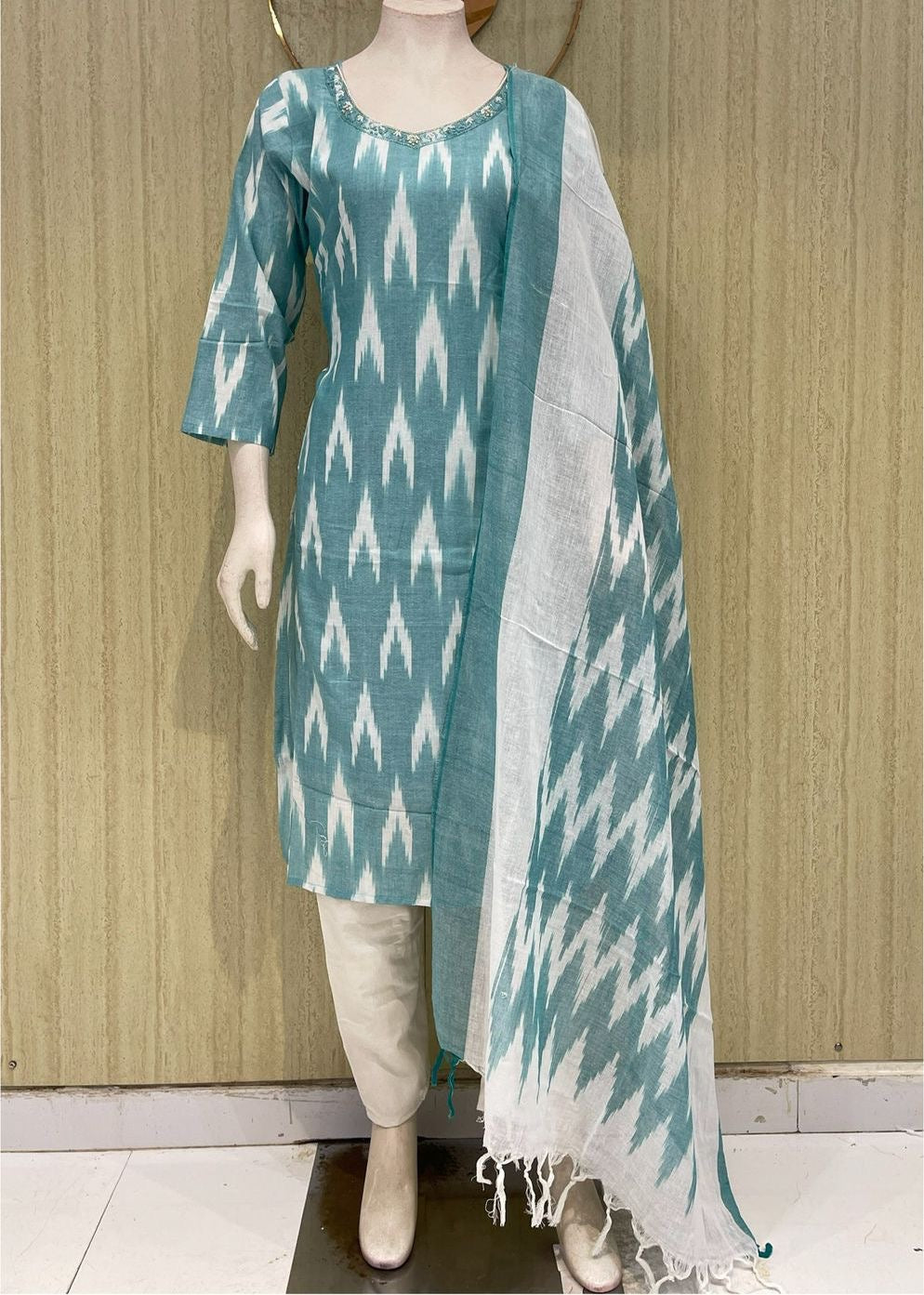 Pure handloom cotton Ikkat design 3 piece set with maggam work across the neck