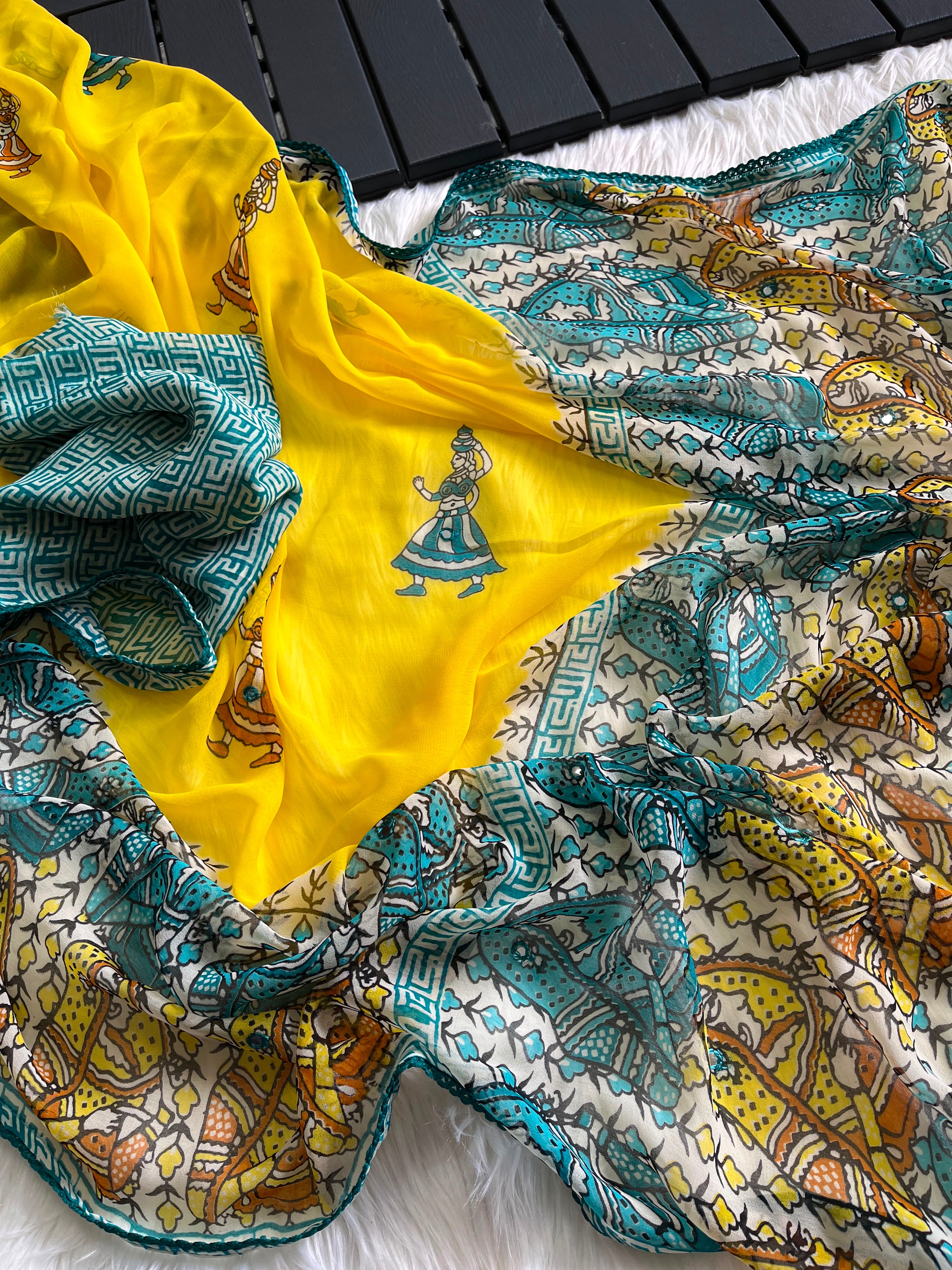Beautiful traditional kalamkari pure georgette saree with foil mirror work(NON-STORE)