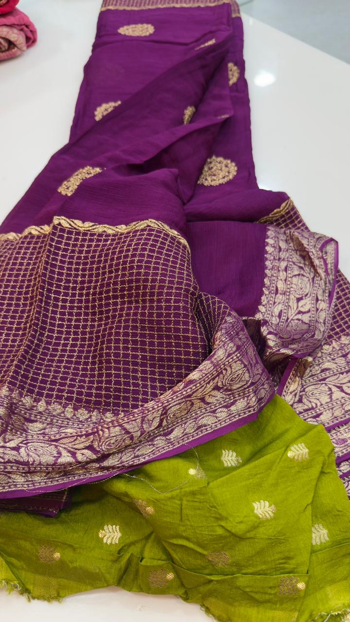 Pure Banarasi chiffon sarees with zari thread embroidery
