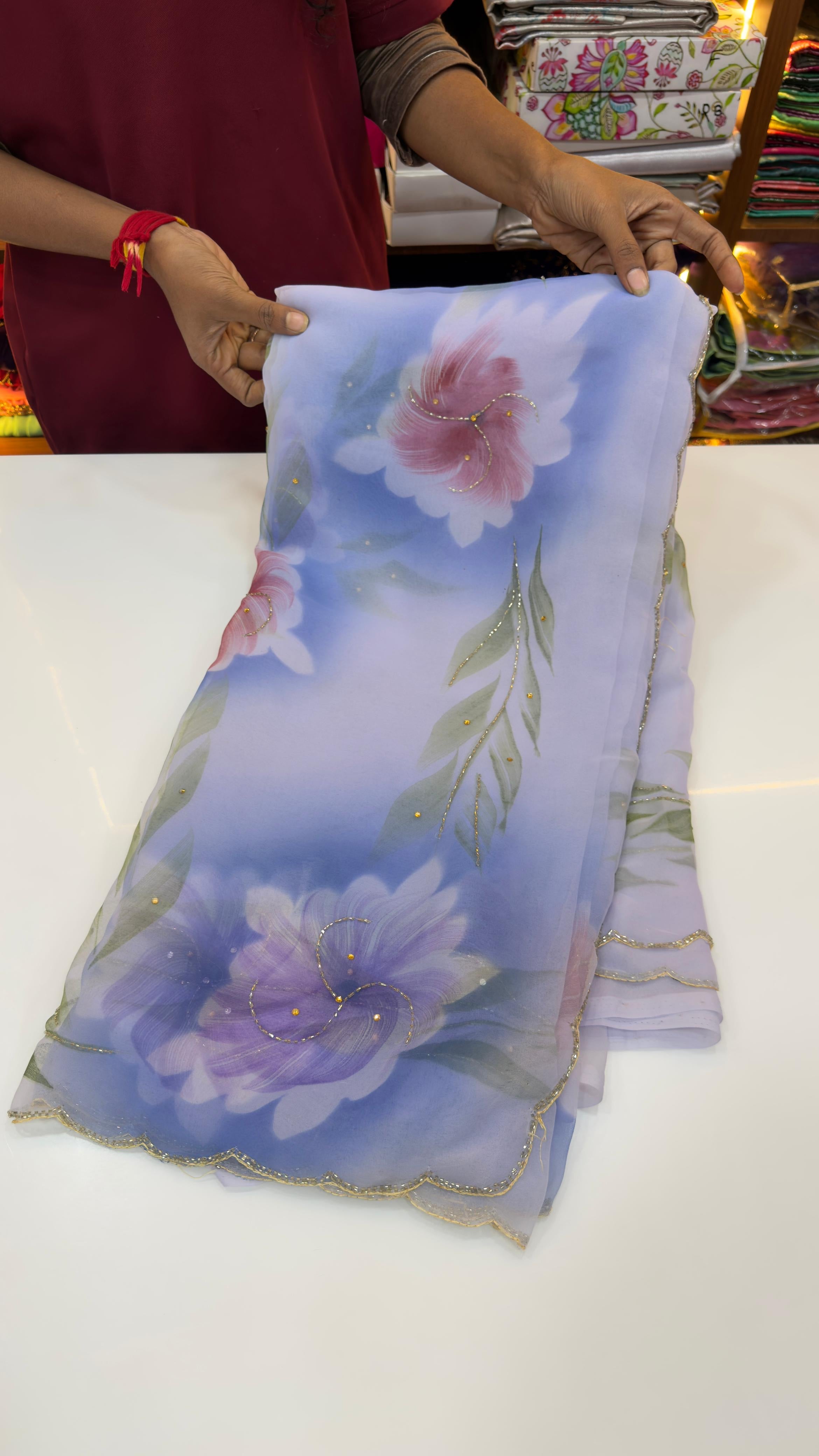 Light weight brush paint maggam work sarees