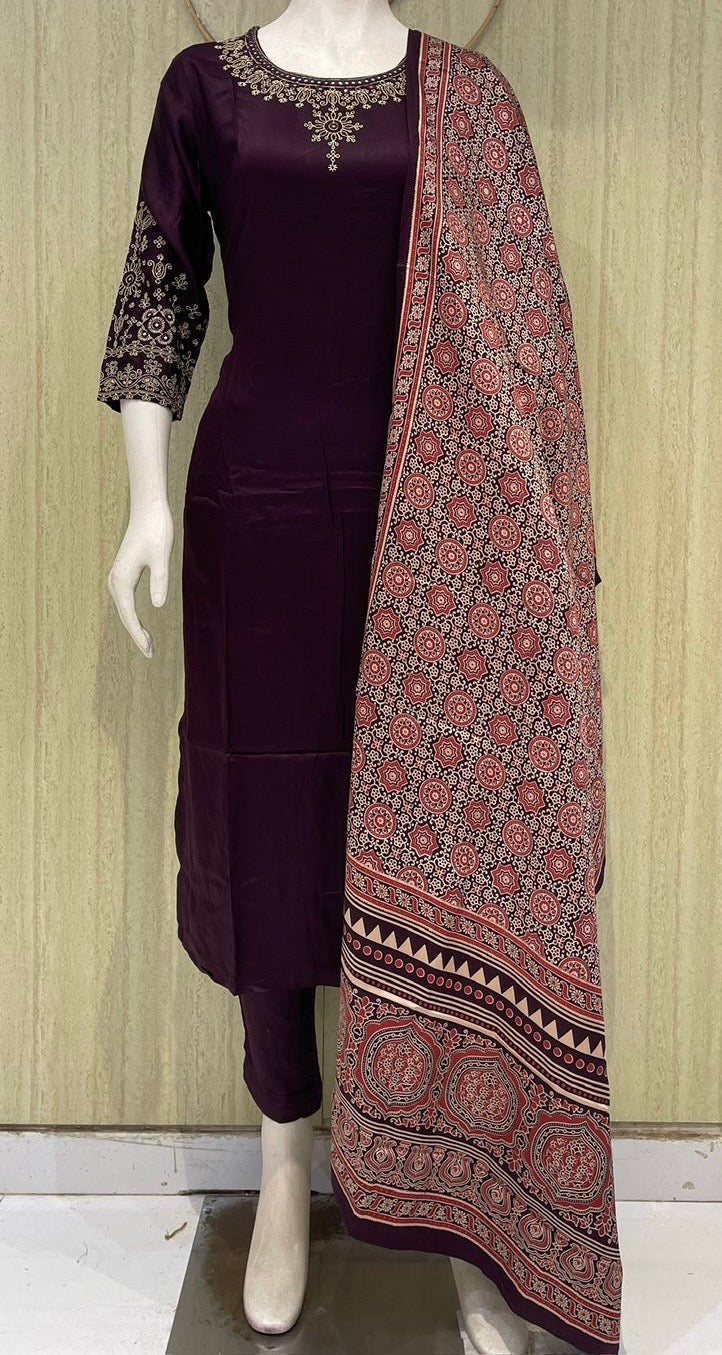 Premium Pure Dola silk 3 piece set with ajrakh design dupatta