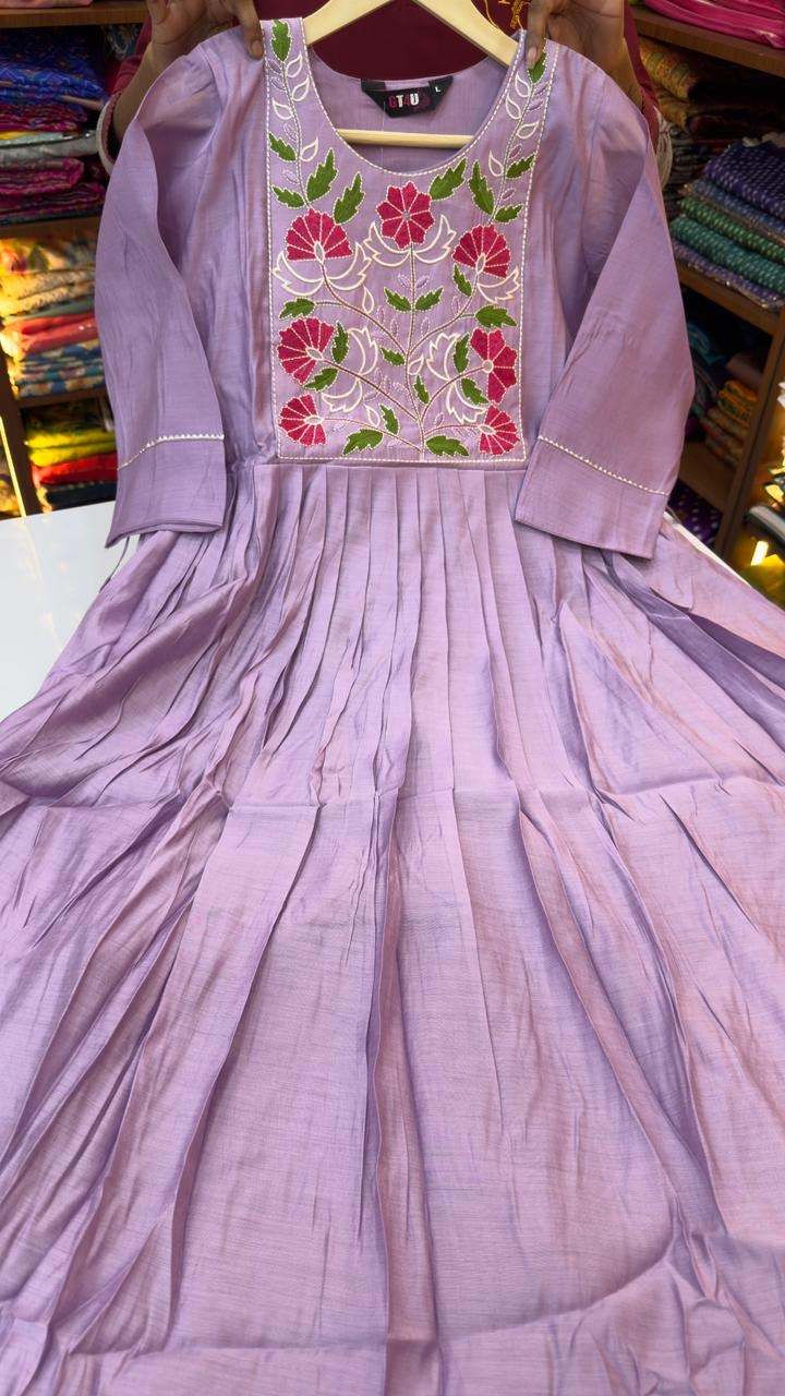 Mull Chanderi frock with thread embroidery