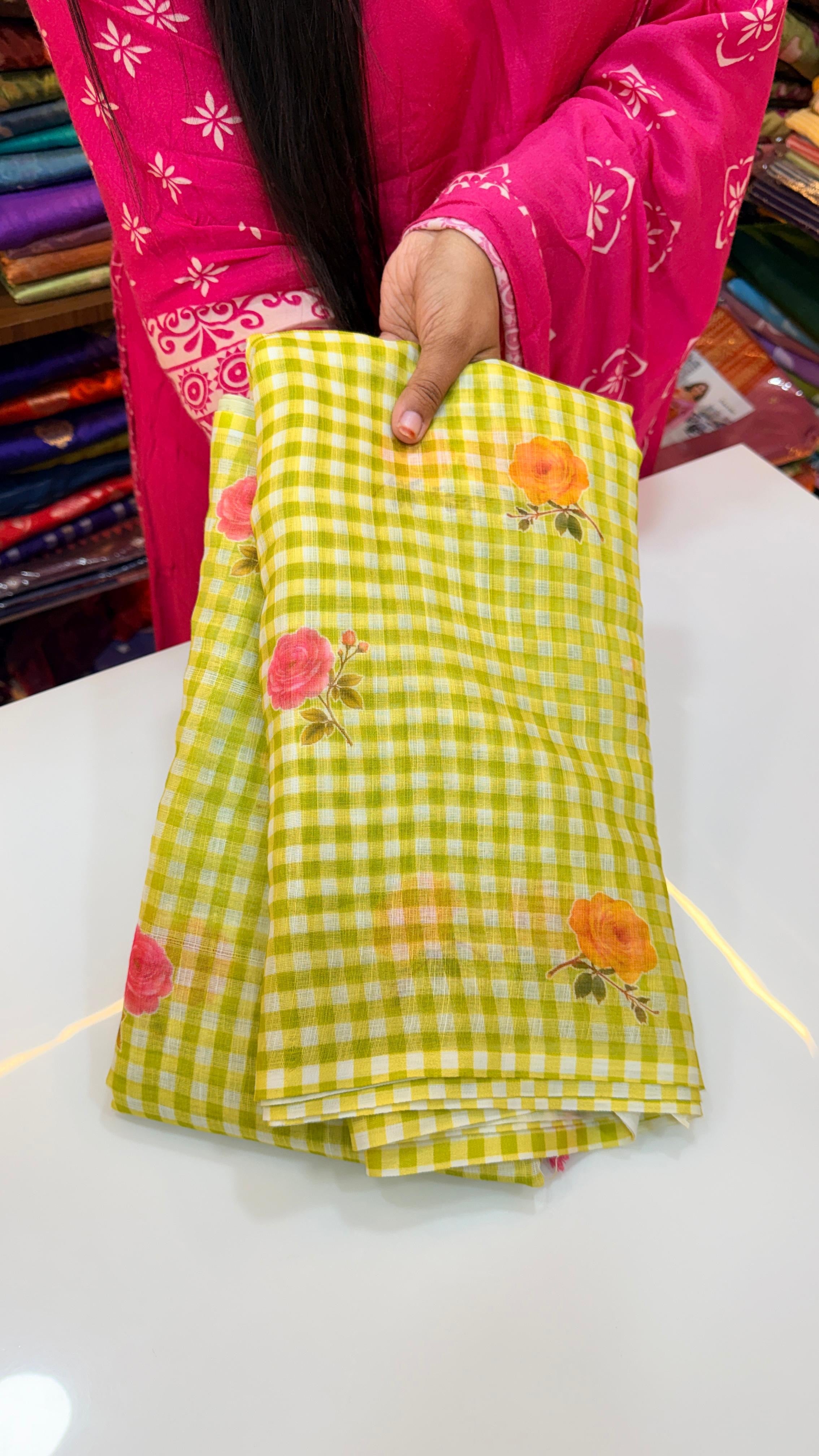 Jute Lenin floral chexs saree