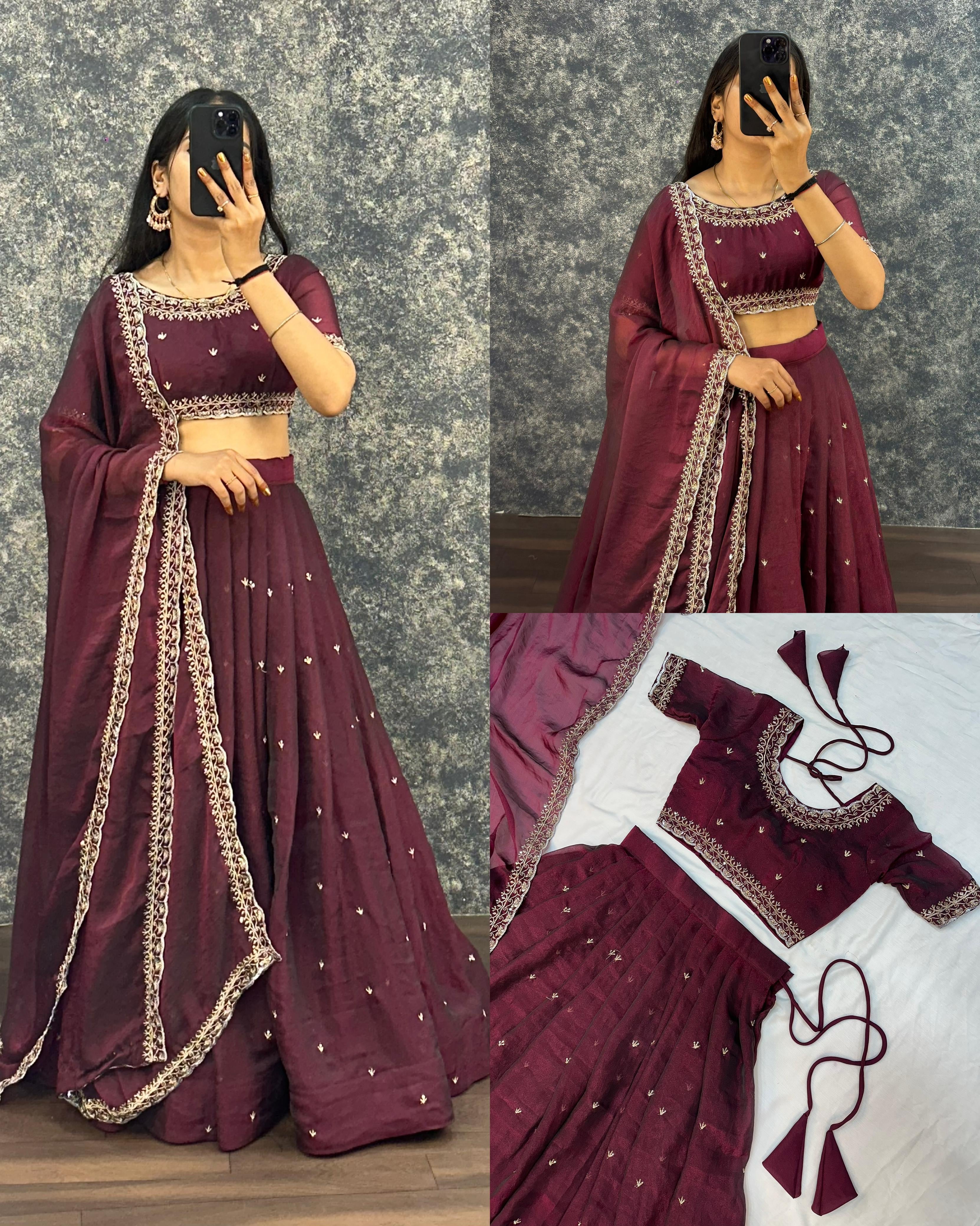 PRIMARY TISSUE SILK WITH EMBROIDERY SEQUENCE WORK READY TO WEAR LEHENGA