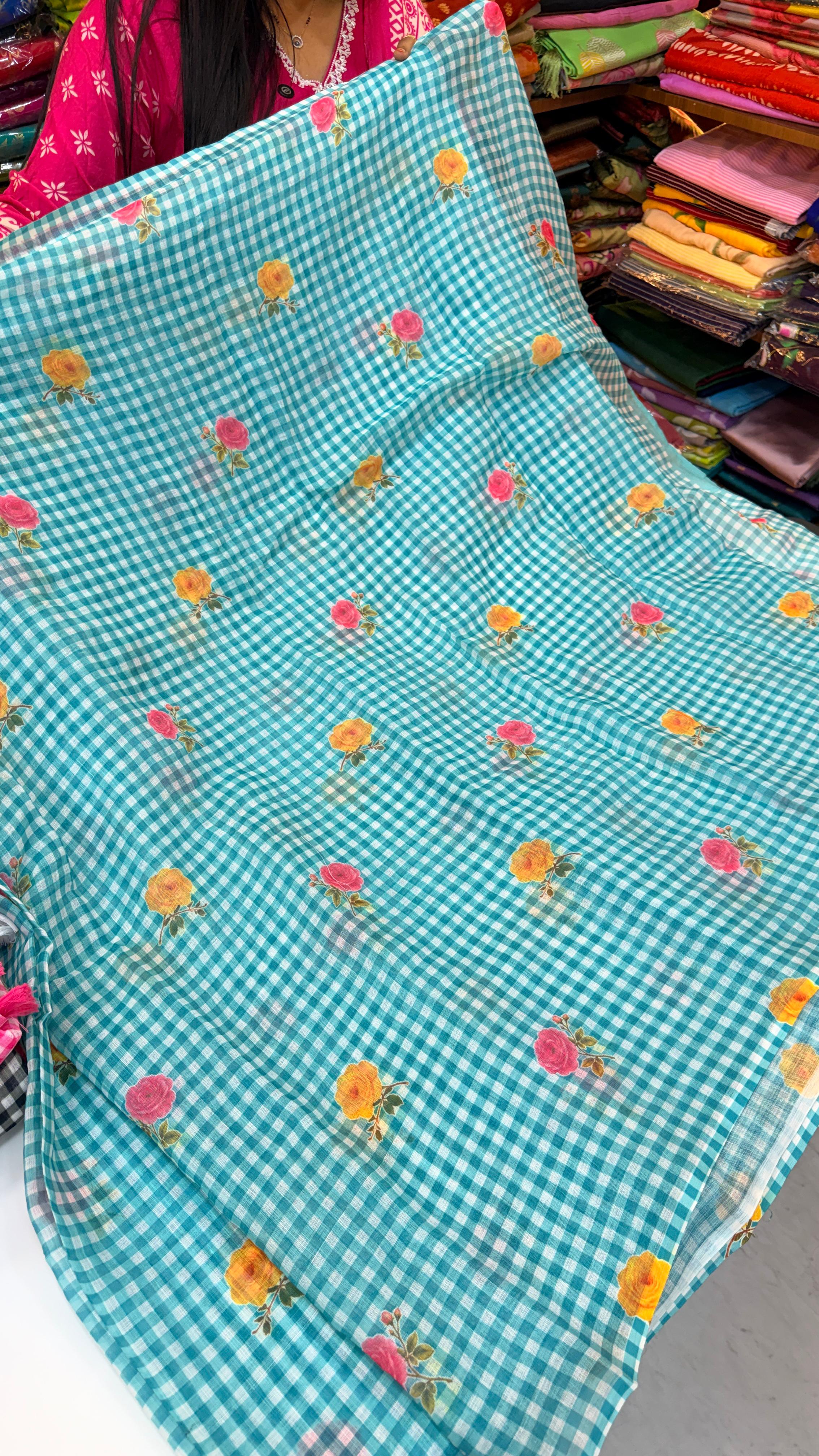 Jute Lenin floral chexs saree