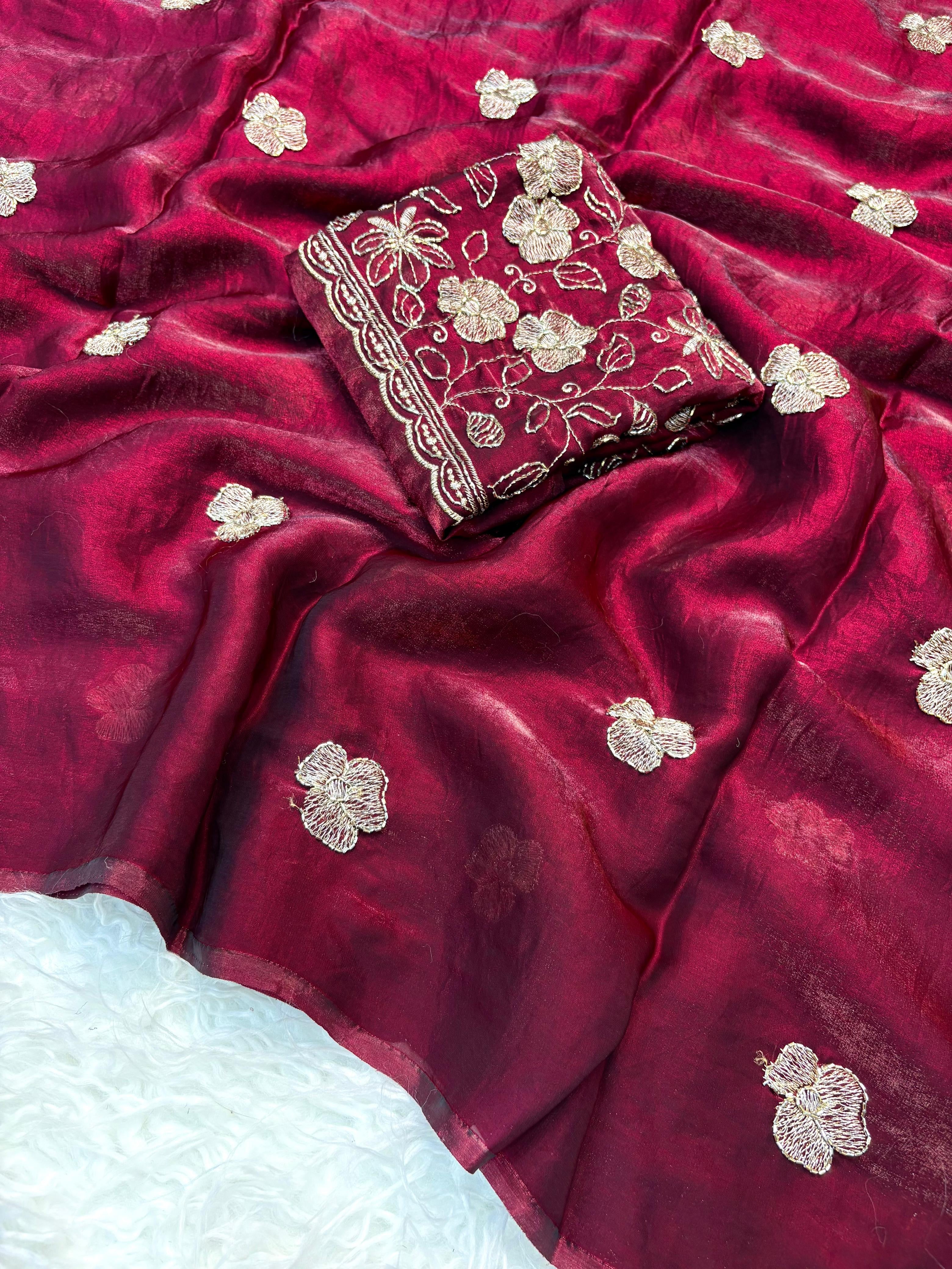 Two tone space silk fabric with designer blouse with handwork