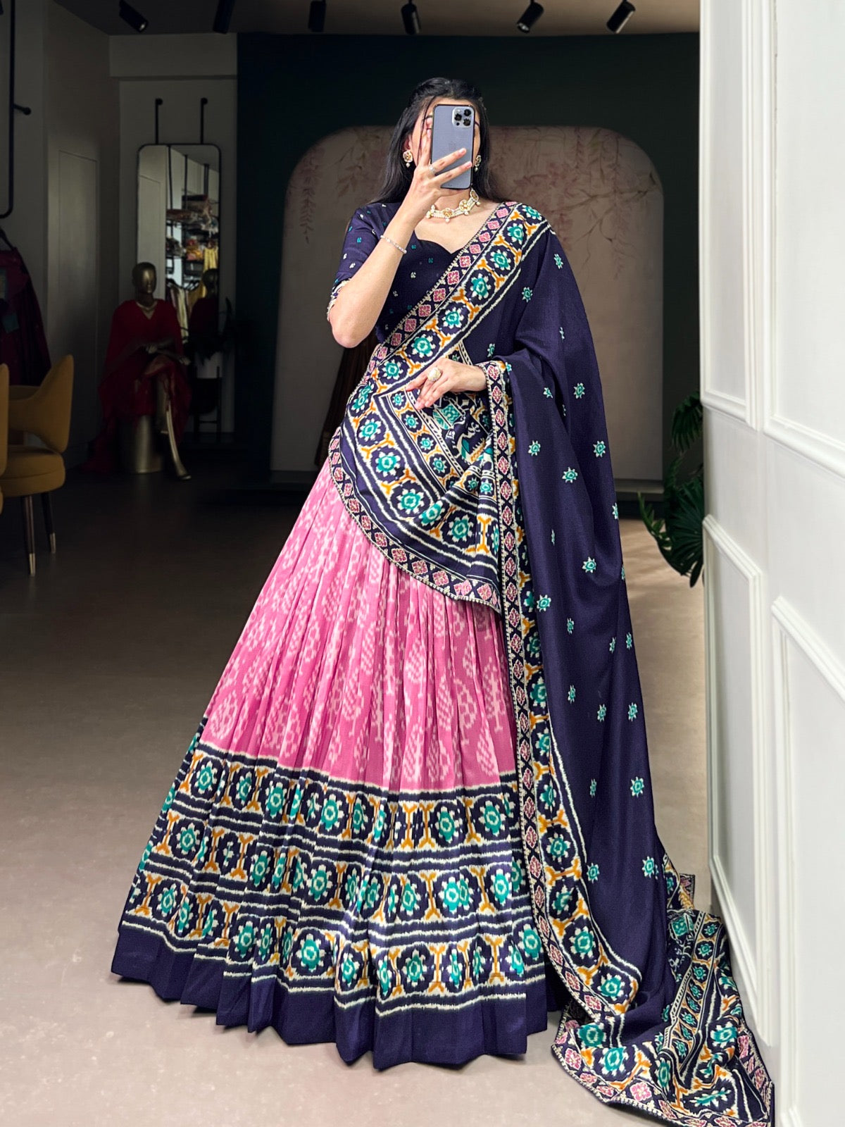 Tasar Lehenga in Ikkat print