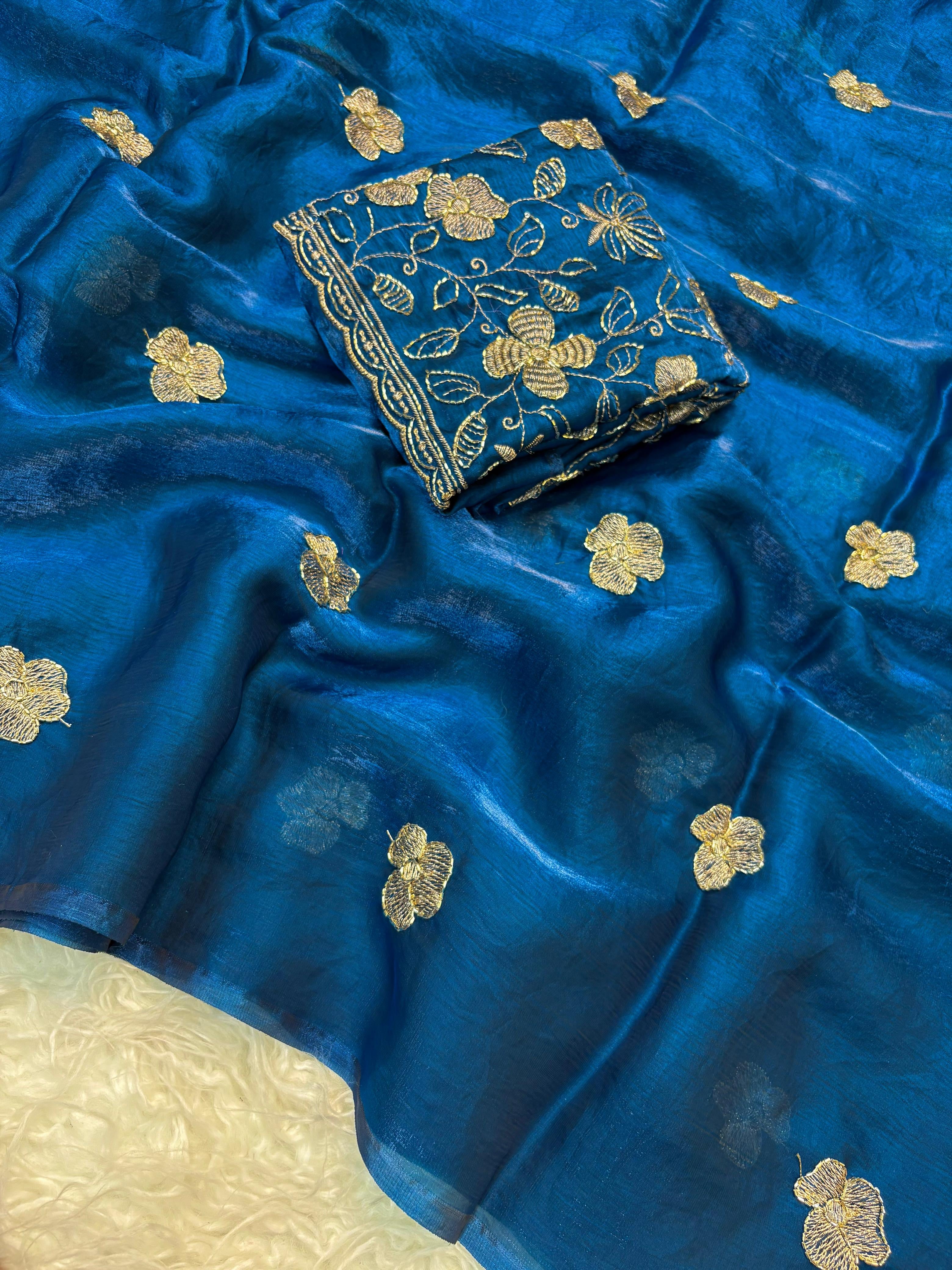 Two tone space silk fabric with designer blouse with handwork