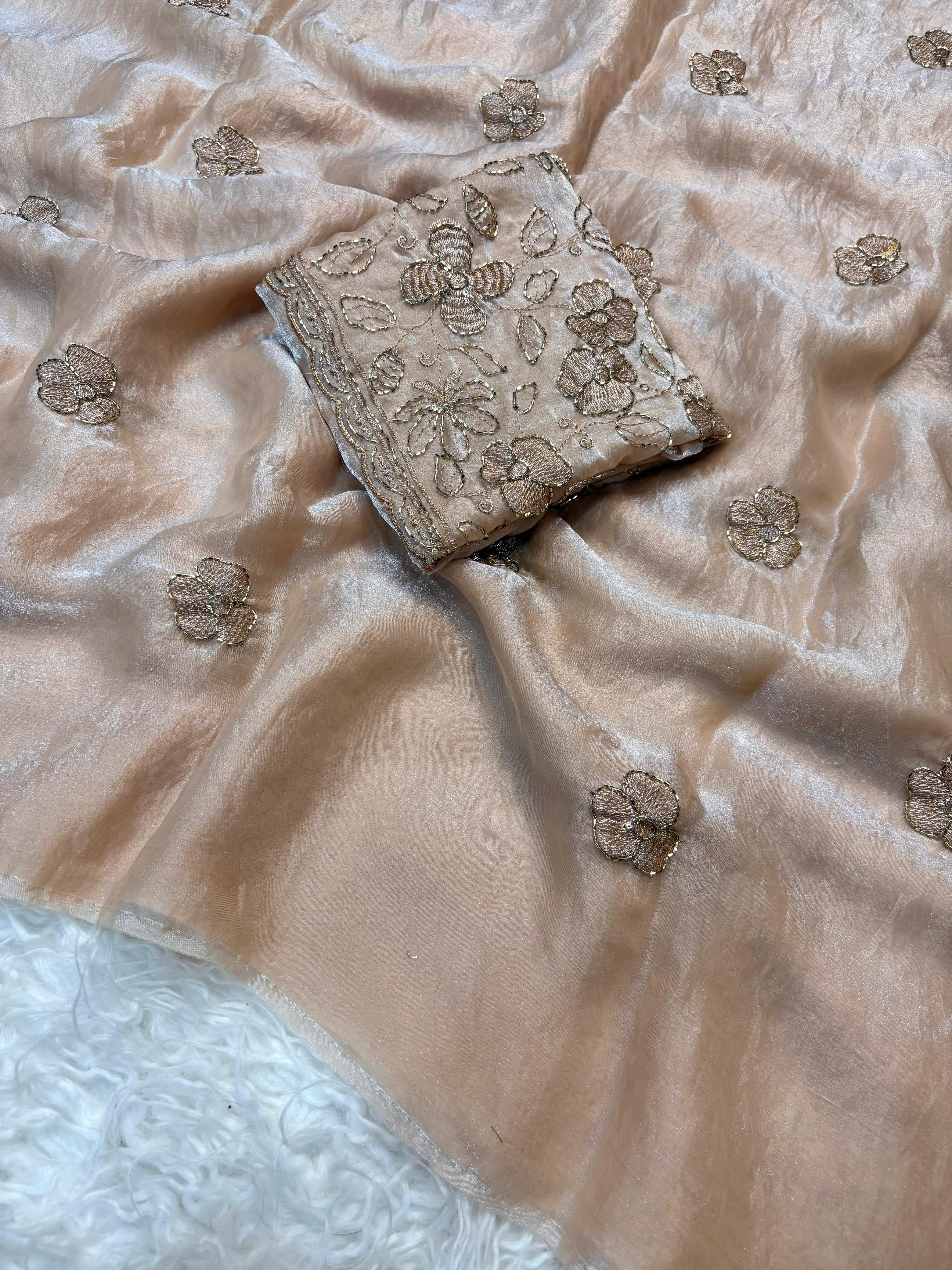 Two tone space silk fabric with designer blouse with handwork