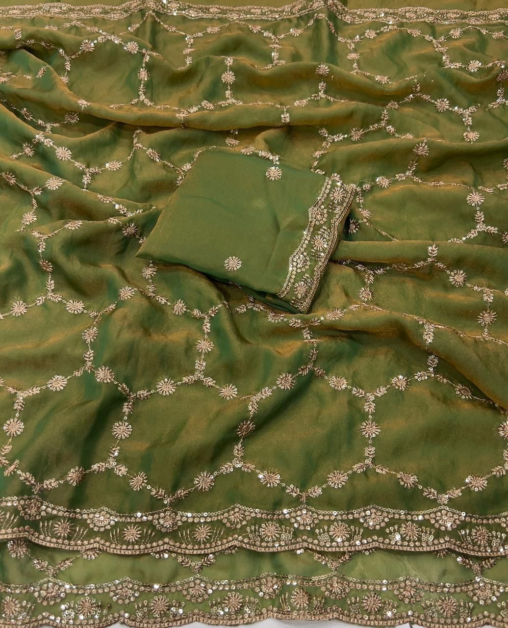 NC Moss Sattin Dual Shad Multi Sequence Emrodairy Work Saree With Running Blouse