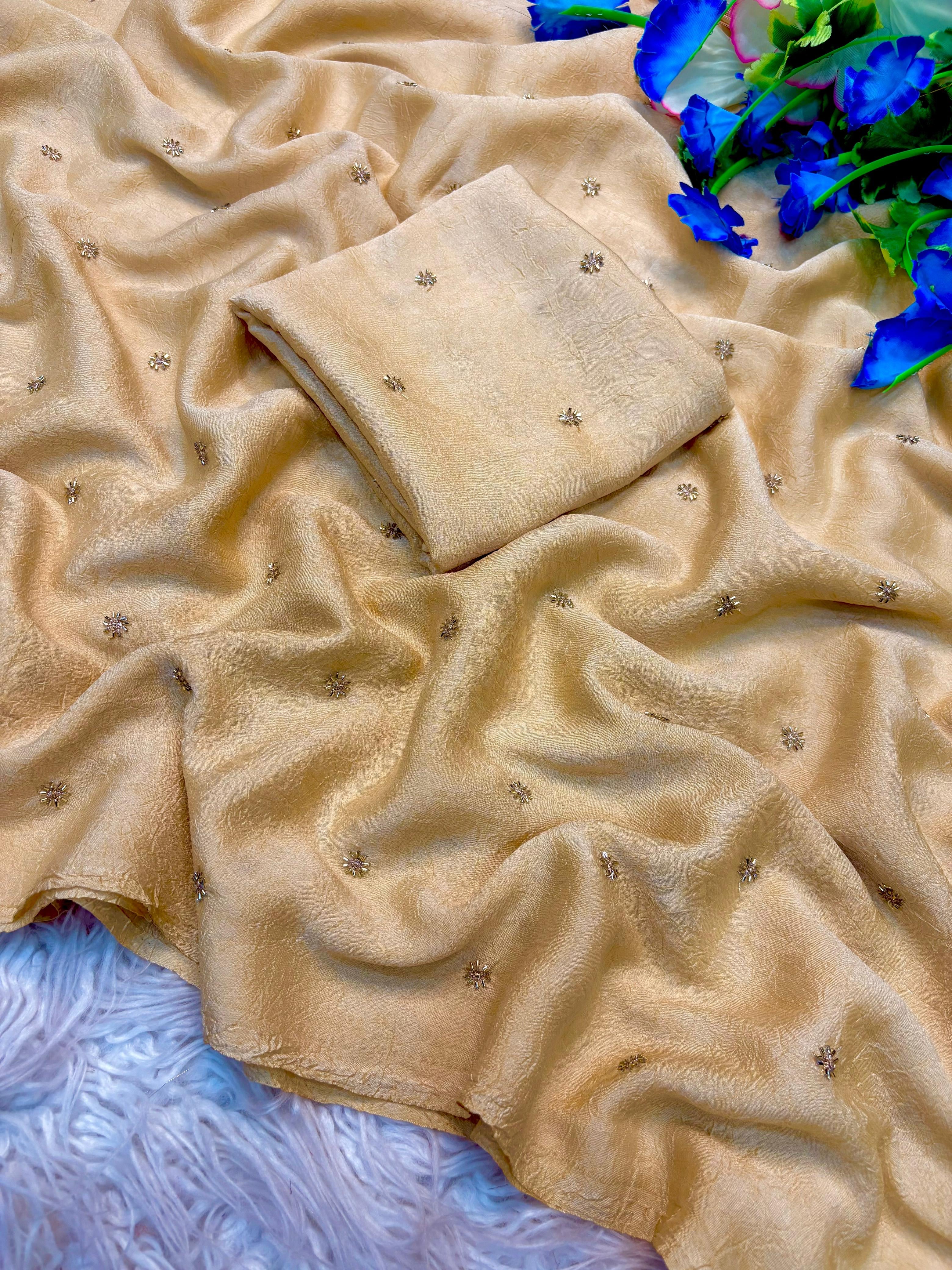 Fancy crush fabric with handwork Butti with running blouse