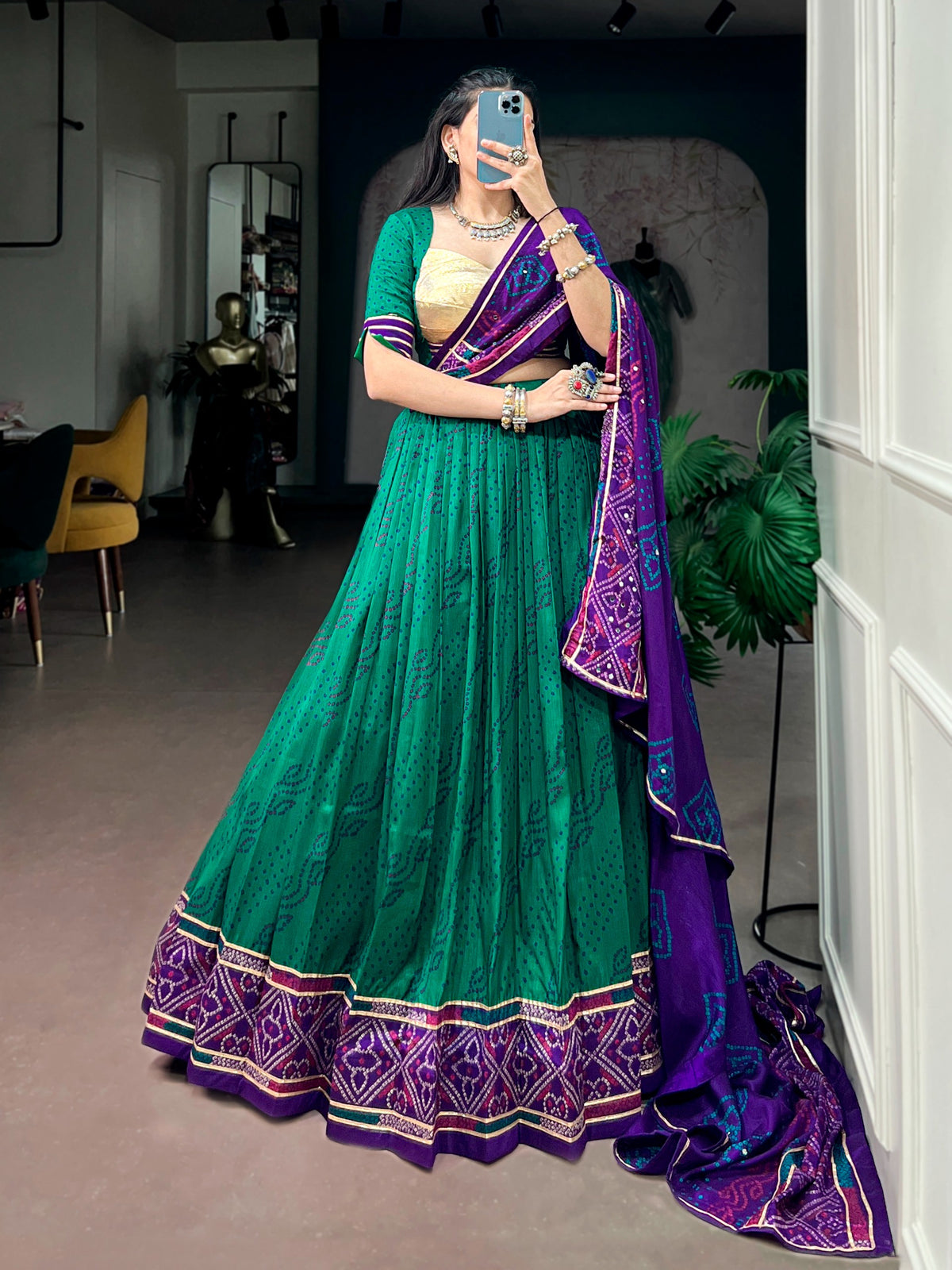 Tasar Silk traditional Bandhej Print lehenga with Gotta Patti Lace(NON-STORE)
