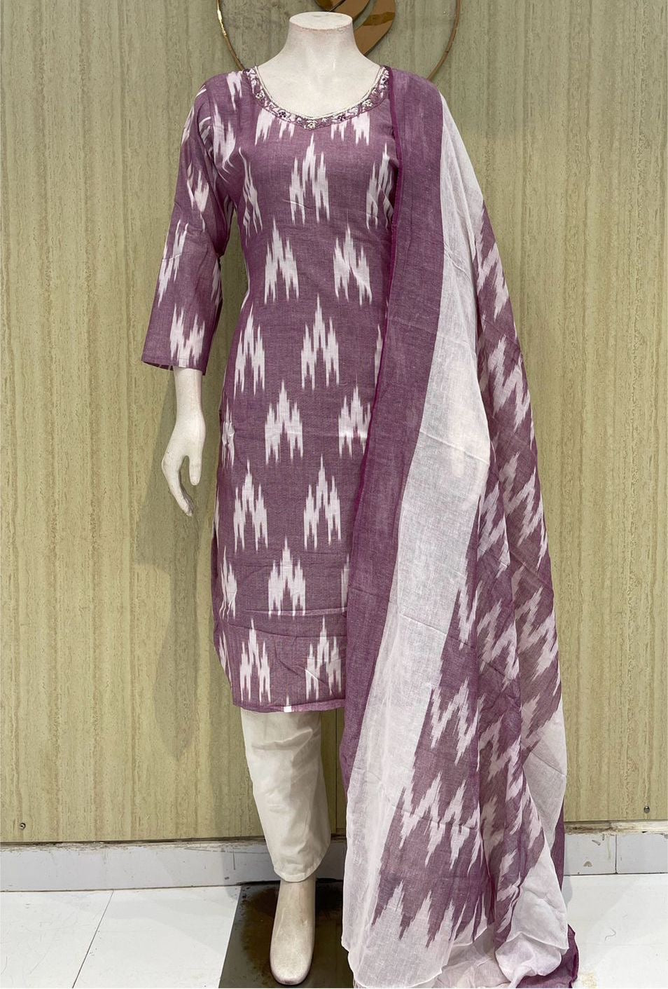 Pure handloom cotton Ikkat design 3 piece set with maggam work across the neck