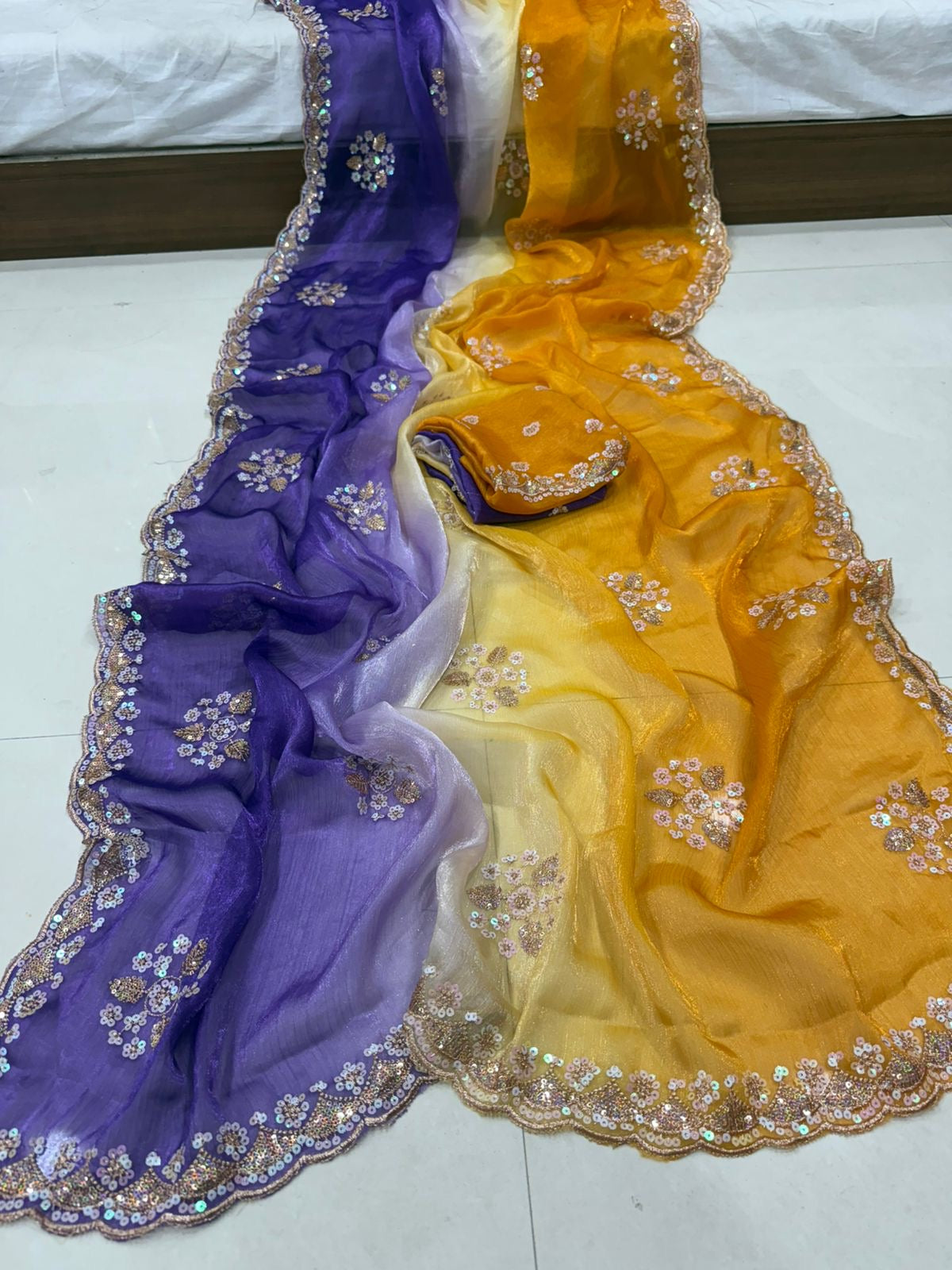 Fendy Chiffon Shaded Multi Sequence Emrodairy Work Saree With Running Blouse