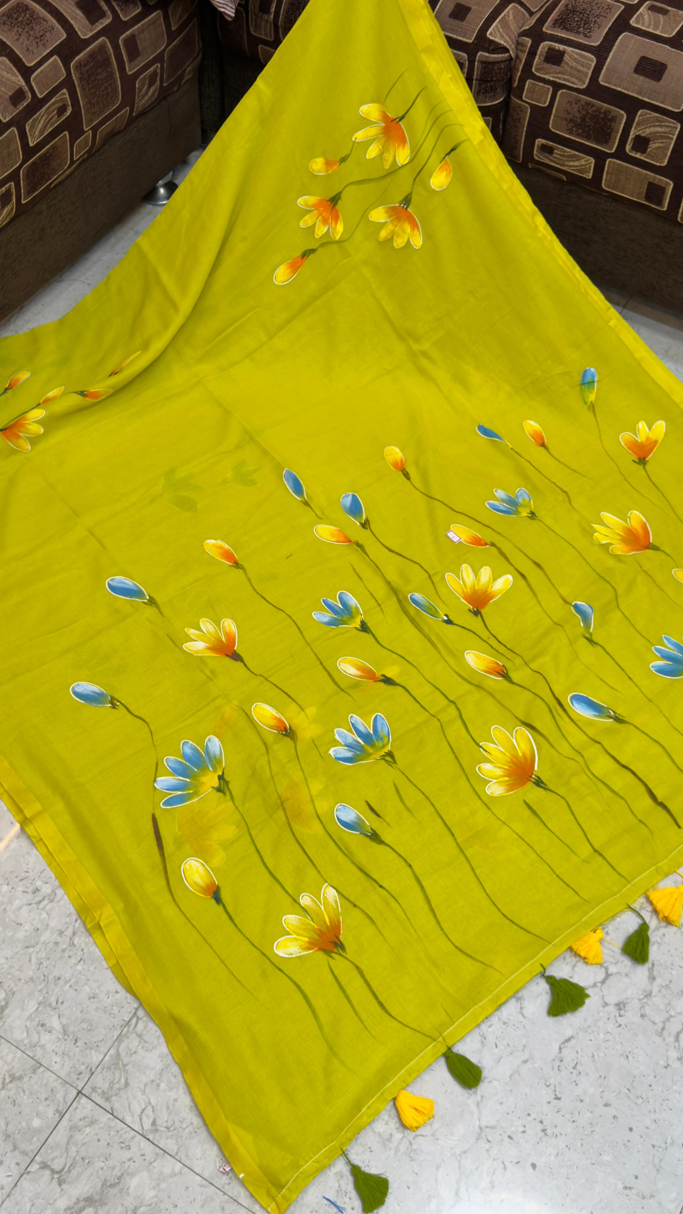 Hand paint Mul cotton saree