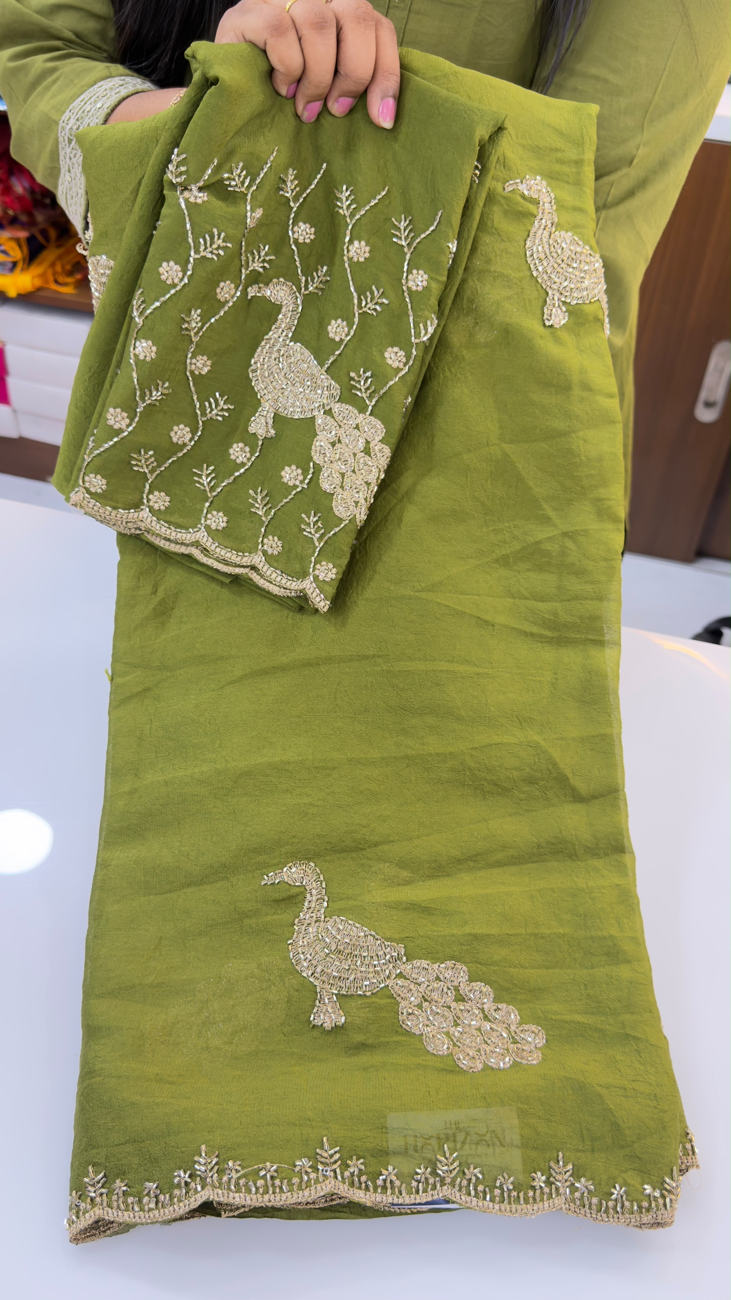 Wrinkle Crush party wear saree with maggam work