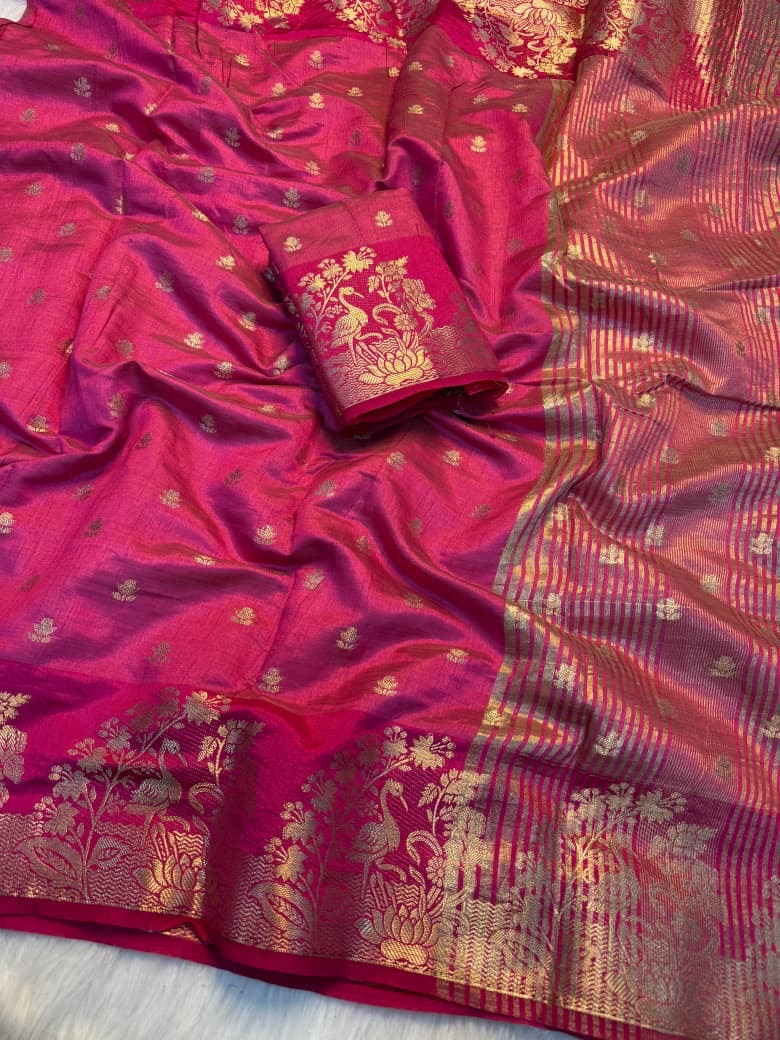Soft Tusser silk saree with Chit Pallu Saree With Running Blouse