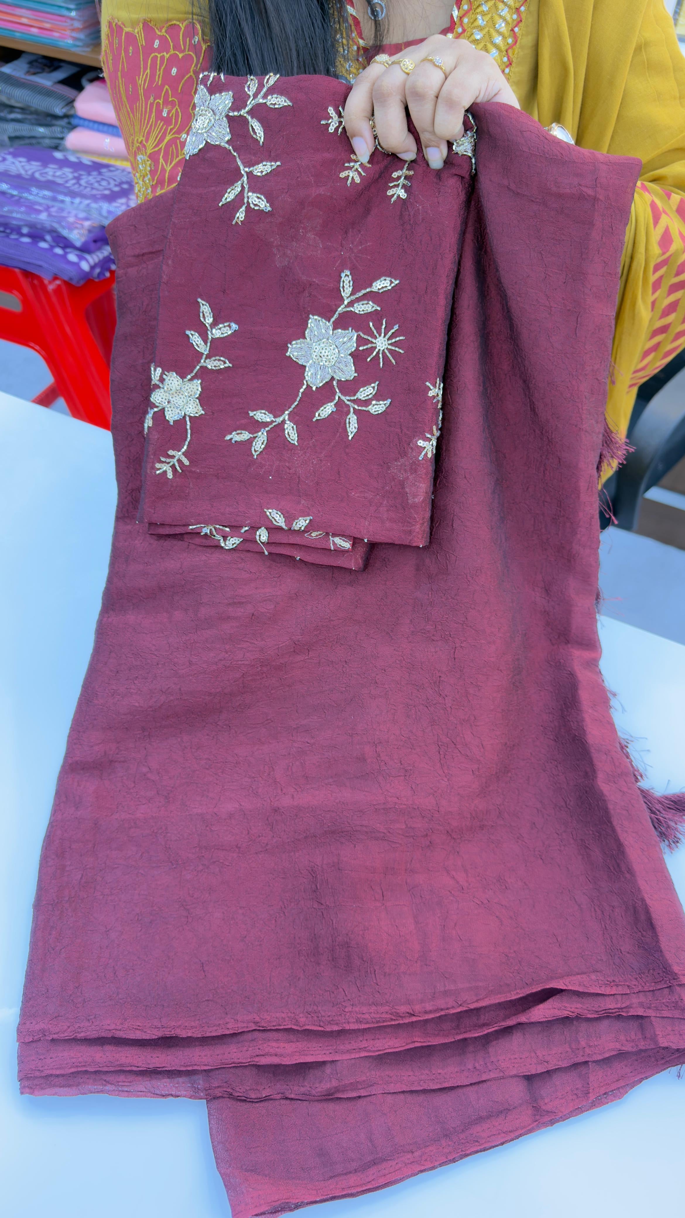 Premium Star Georgette with Crush Pattern & Katli Work Blouse
