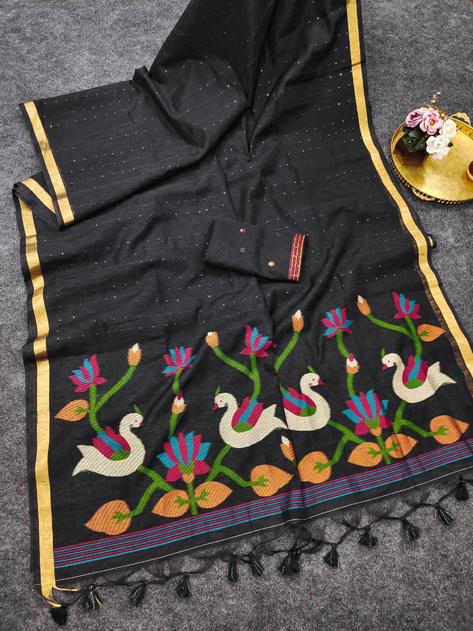 PREMIUM SOFT LINEN SILK SAREE WITH MEENA WEAVING RICH JAMDANI PALLU(NON-STORE PRODUCT)