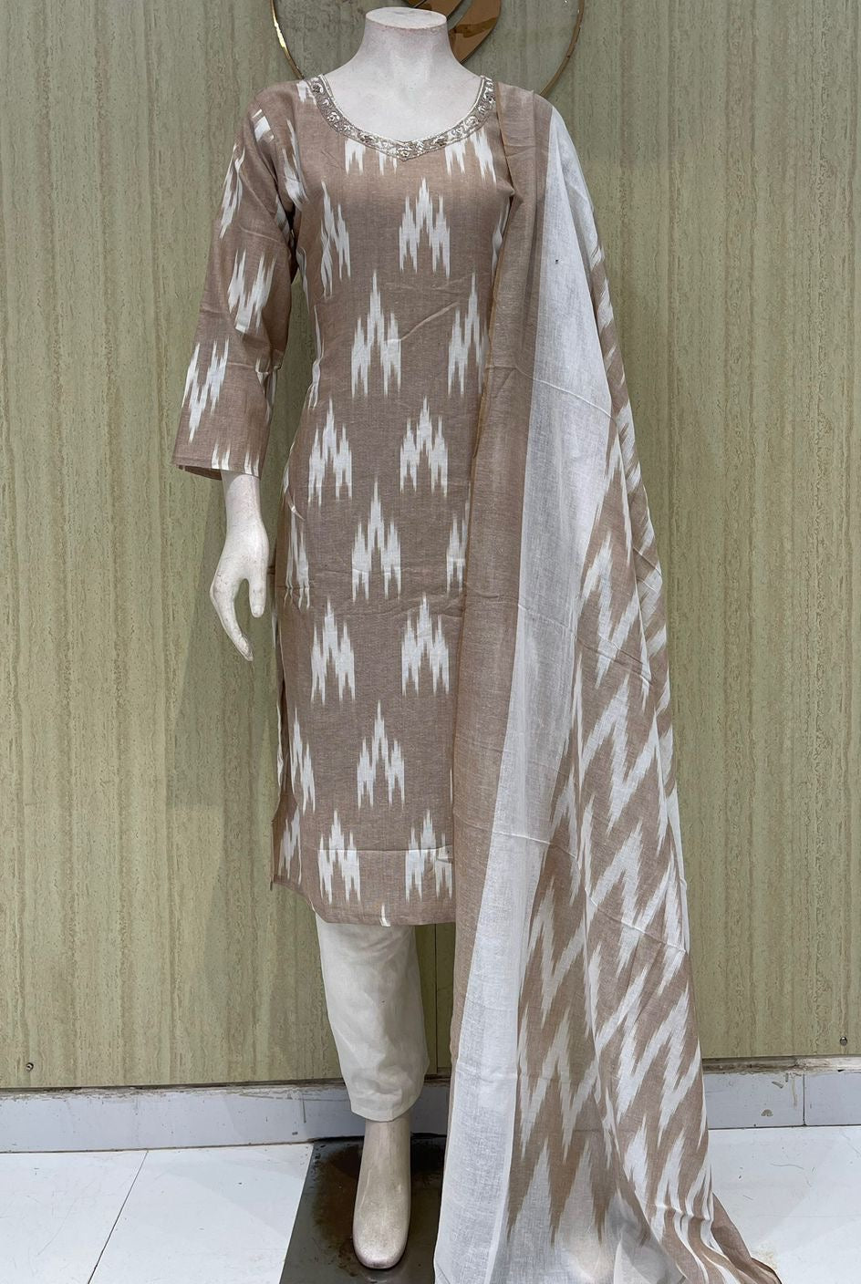 Pure handloom cotton Ikkat design 3 piece set with maggam work across the neck