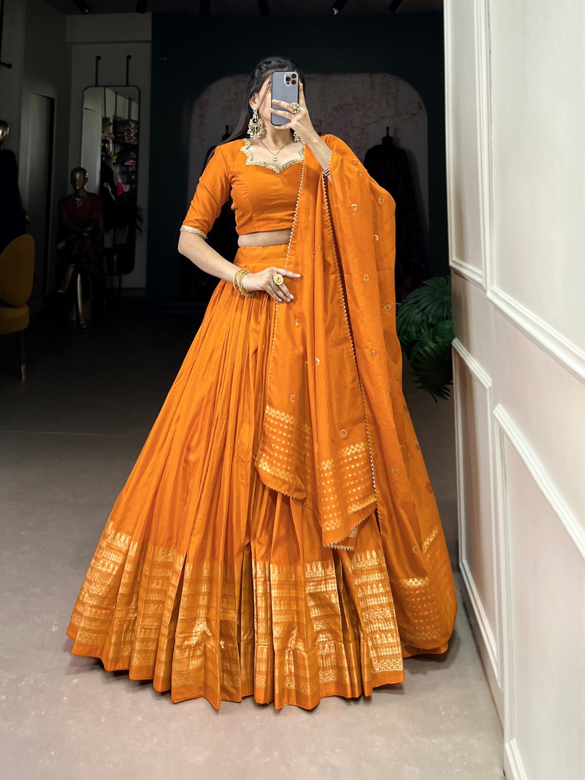 Pure Chanderi Plain Lehenga with Intricate Zari Work Border, Accompanied by Sequin Embellished Dupatta