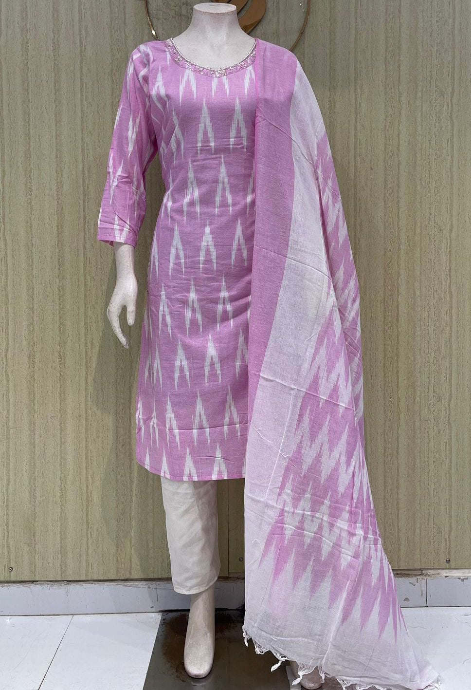 Pure handloom cotton Ikkat design 3 piece set with maggam work across the neck