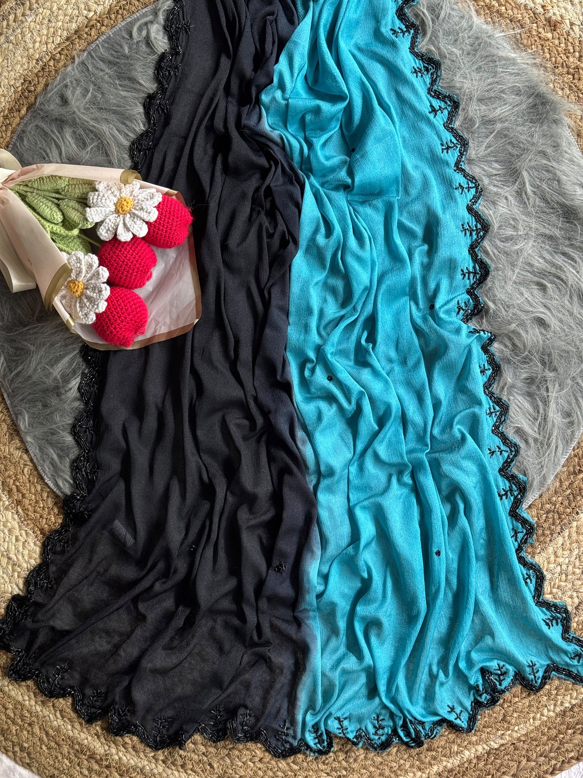 Soft Viscose Chinnon Saree With Beautiful Handwork(NON-STORE)