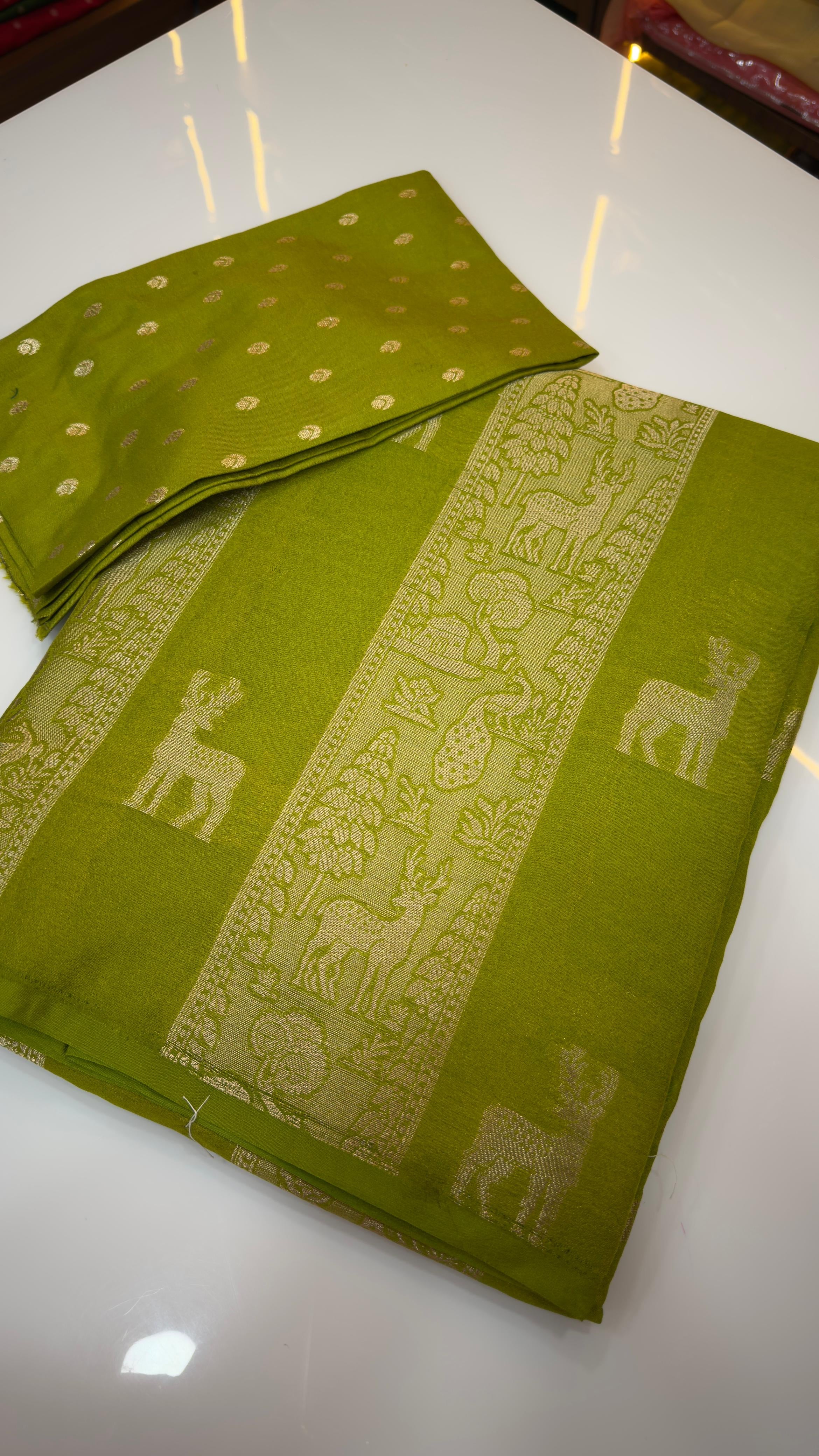 Jungle theme Stripes Banarasi Saree