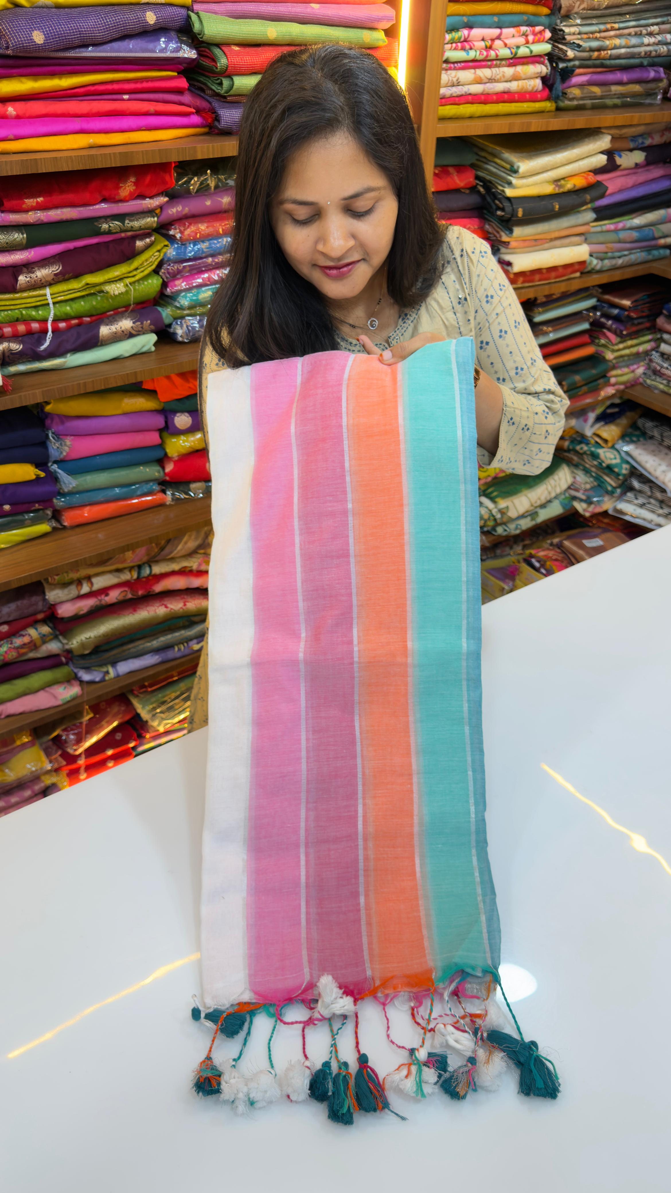 Rainbow Stripes Mul cotton Saree