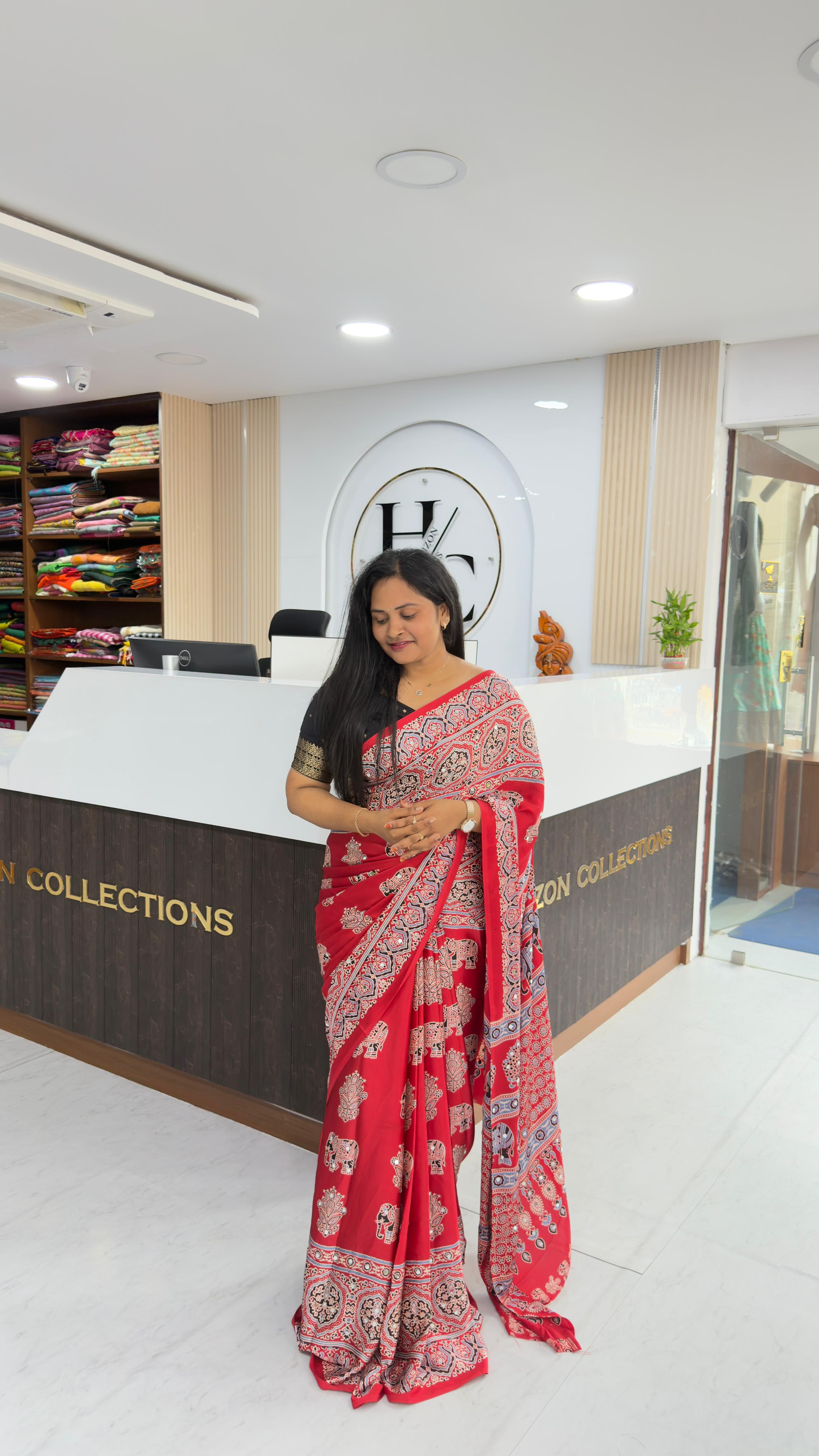 Premium crepe Ajrakh saree with mirrors