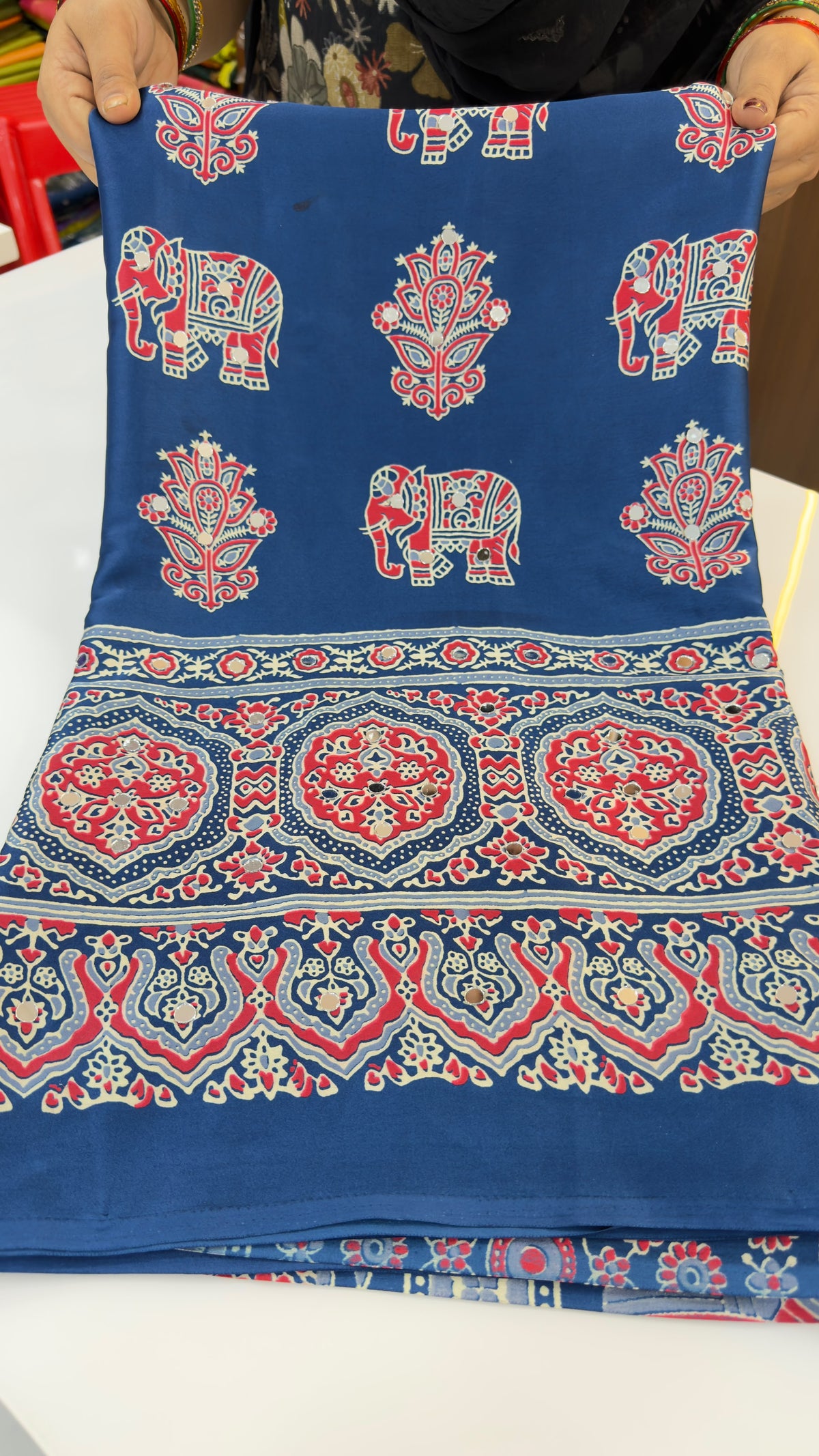 Ajrakh satin crepe saree