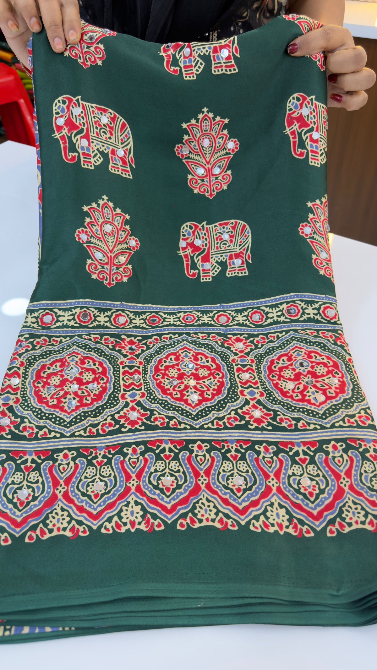 Ajrakh satin crepe saree