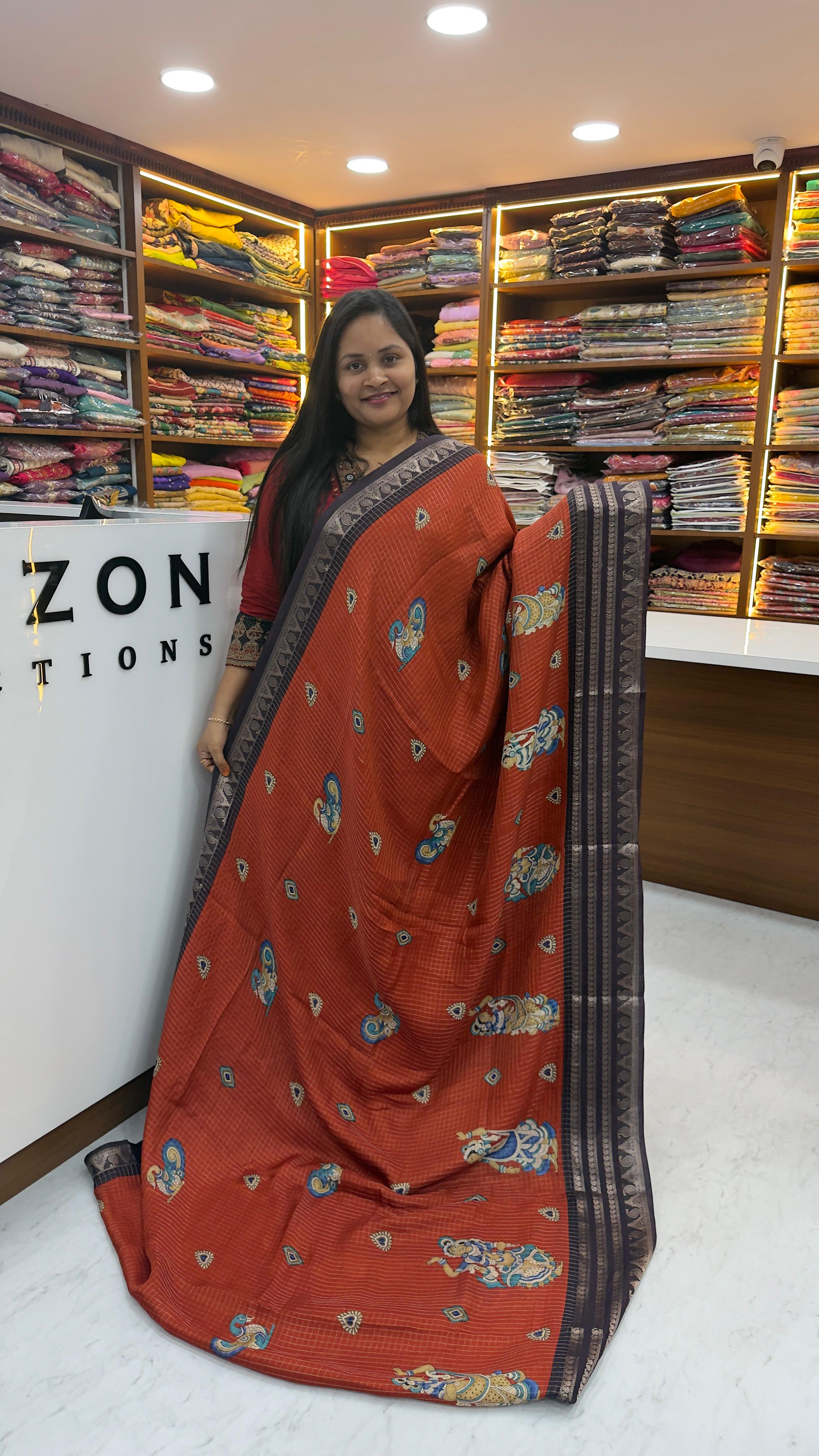 Rust Orange saree with Kalamkari design