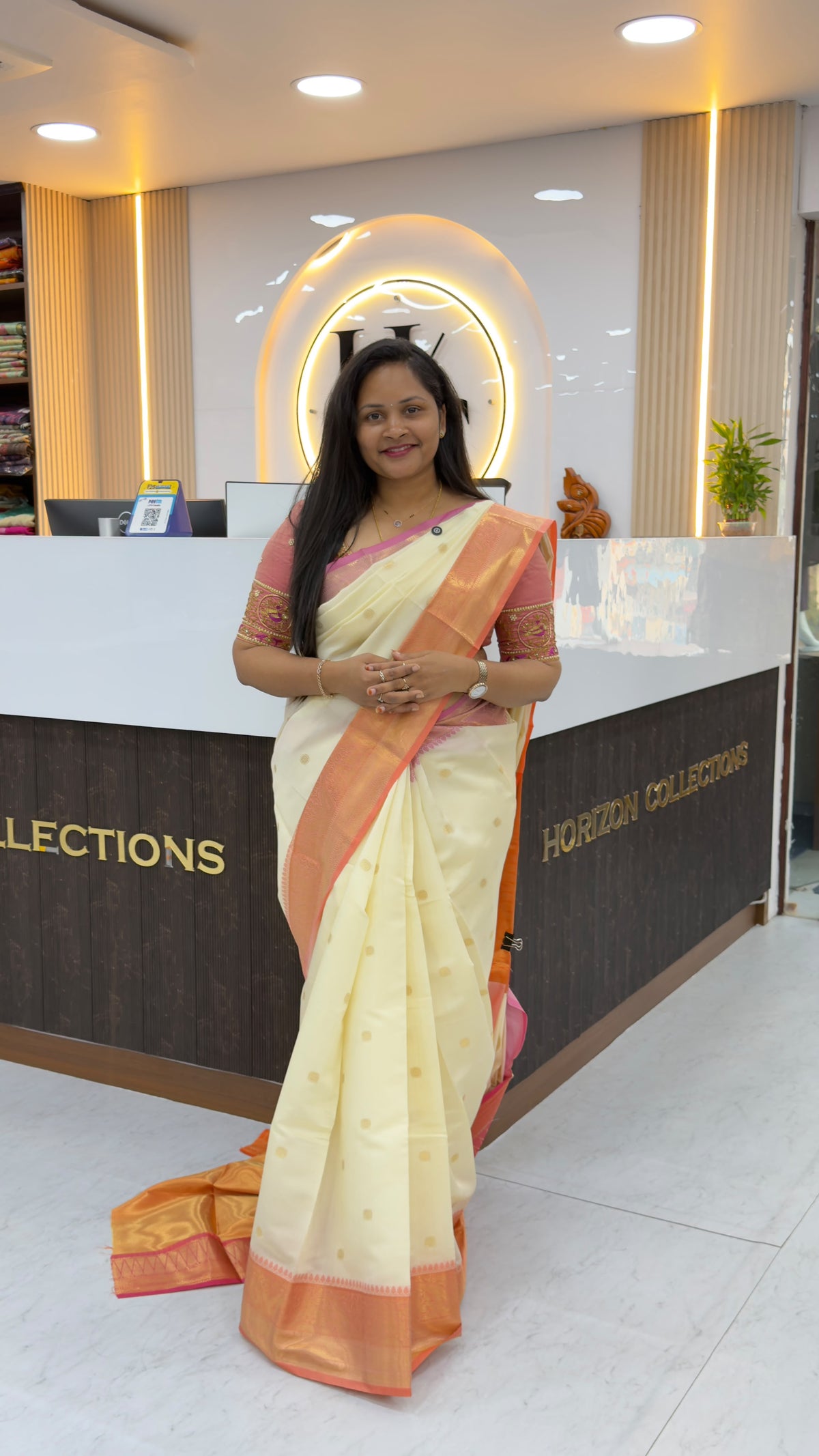 Cream soft pattu saree with Ganga Jamuna borders