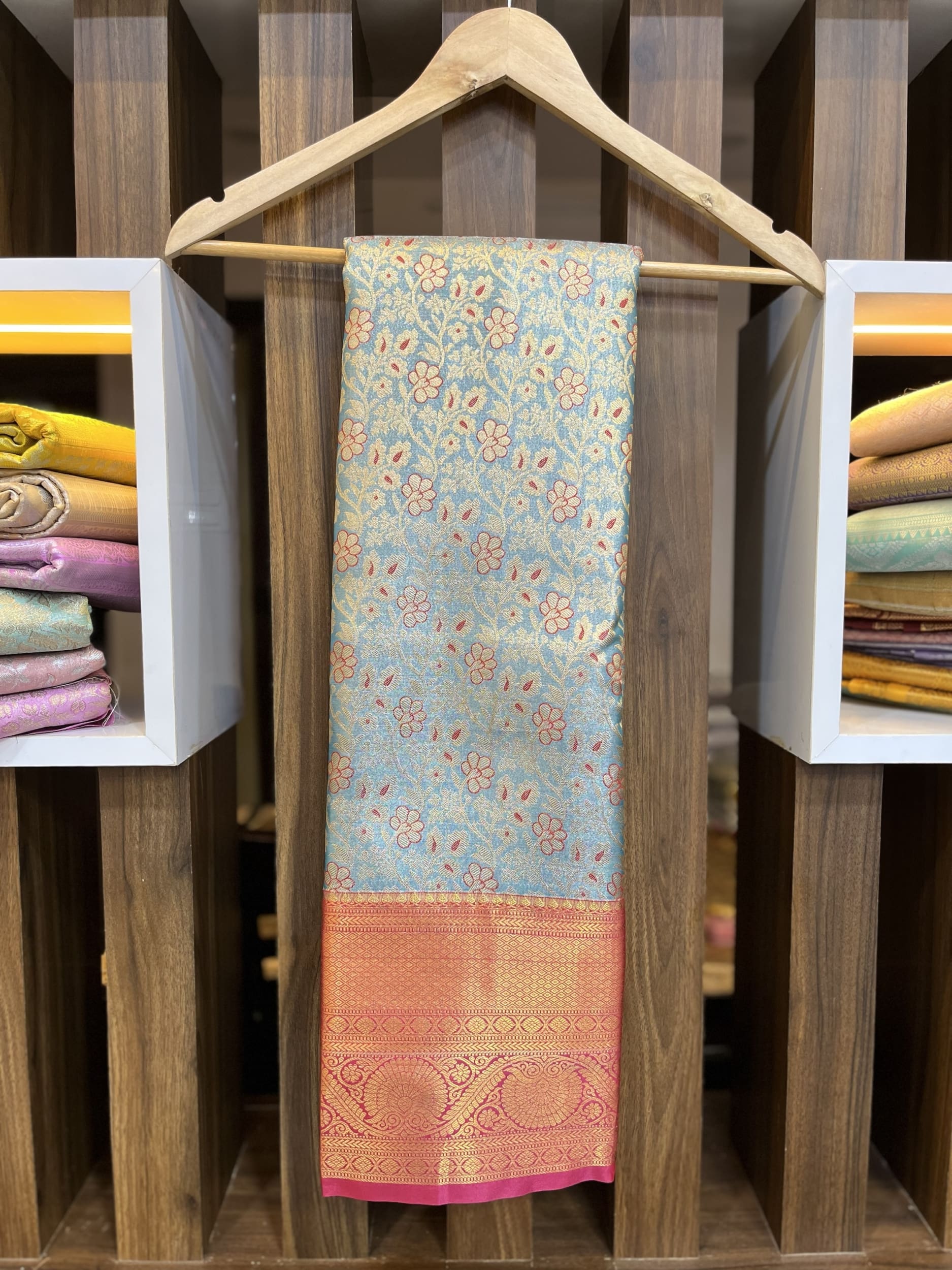 Sea blue saree with red border