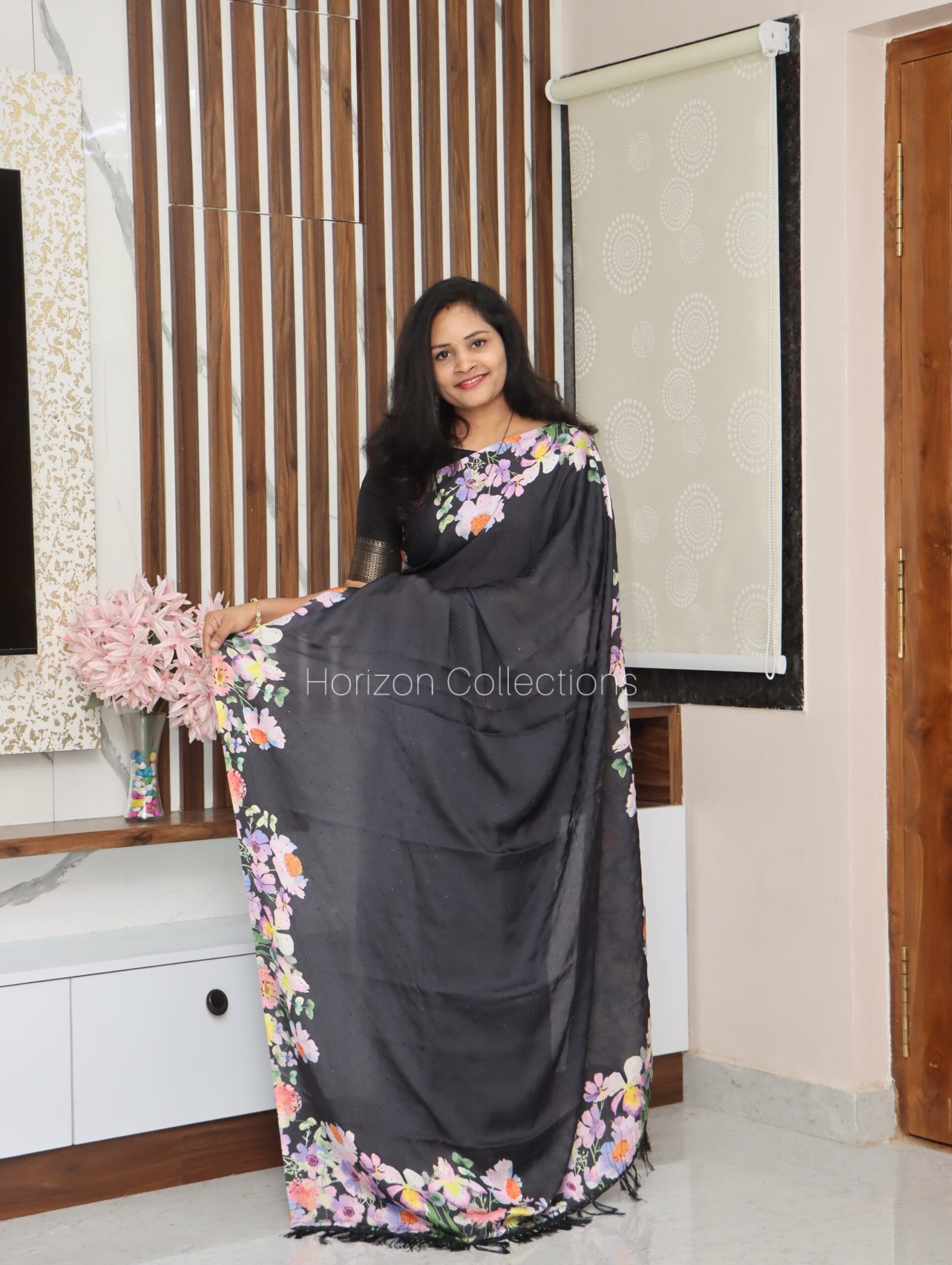 Floral Black DreamySatin Saree