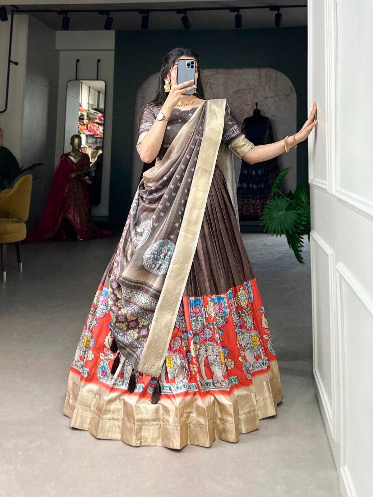 Kalamkari Design Lehengas In Dola