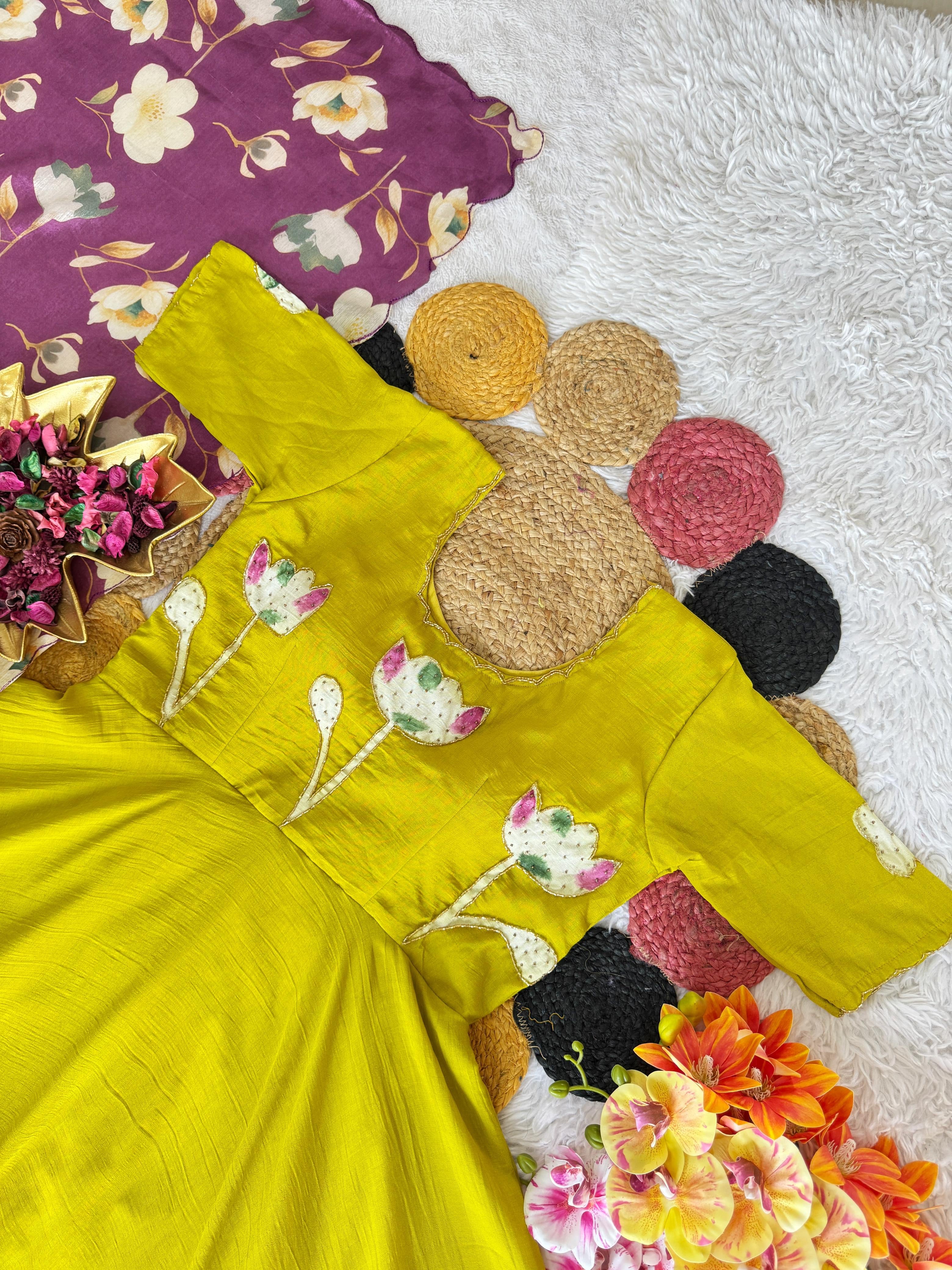 Vichitra Hand painted Maggam Work Gown with Dupatta