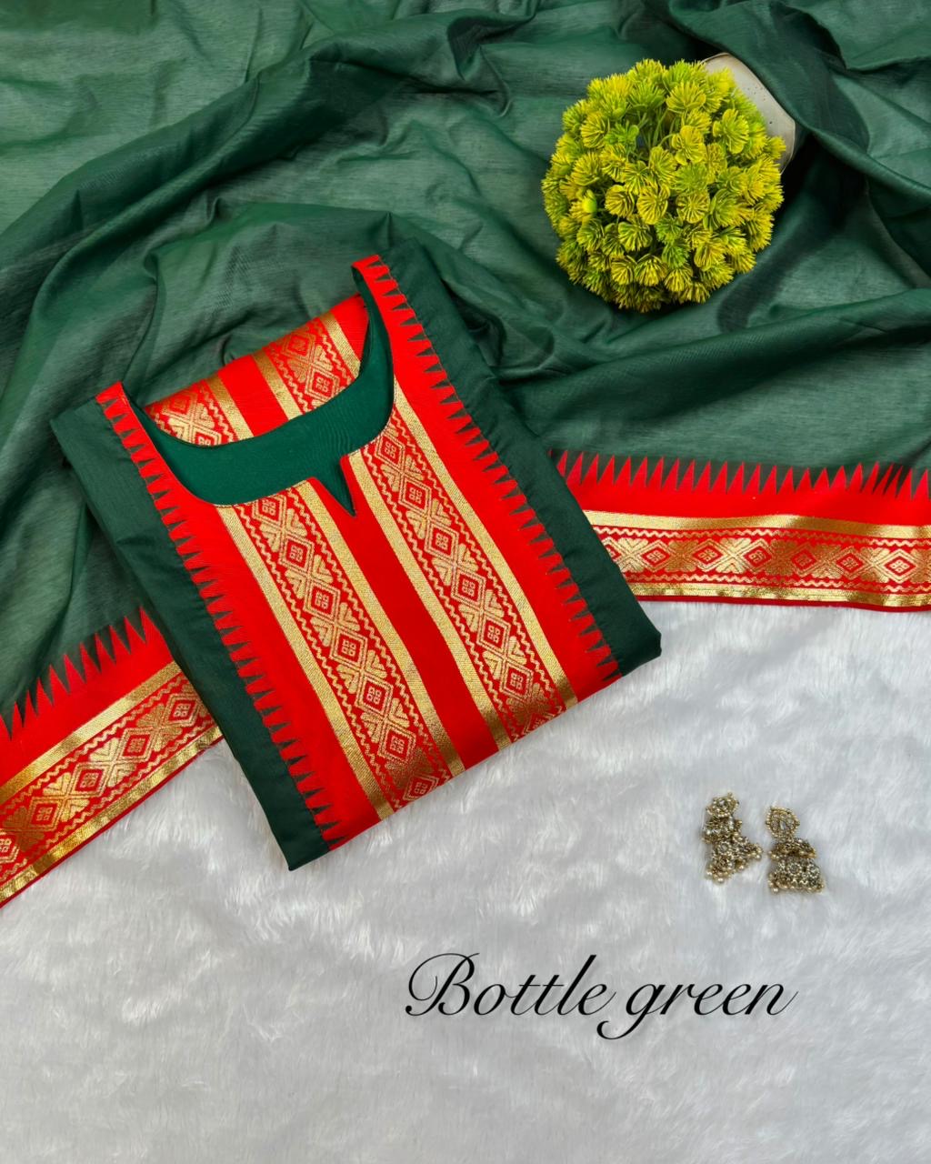 pure silk cotton Kurti set with zari kanchi border work and beautiful contrast zari weaving dupatta