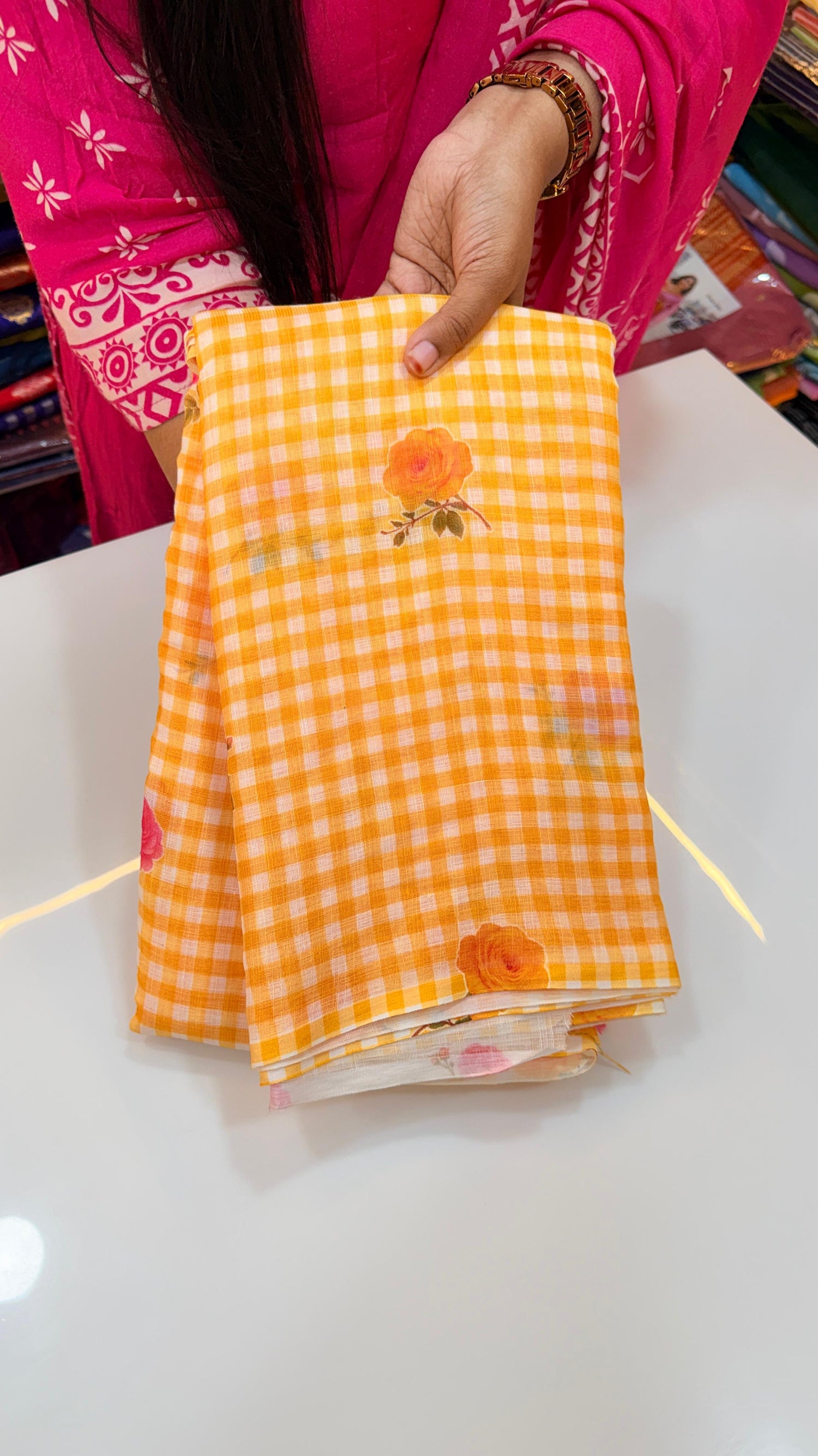 Jute Lenin floral chexs saree