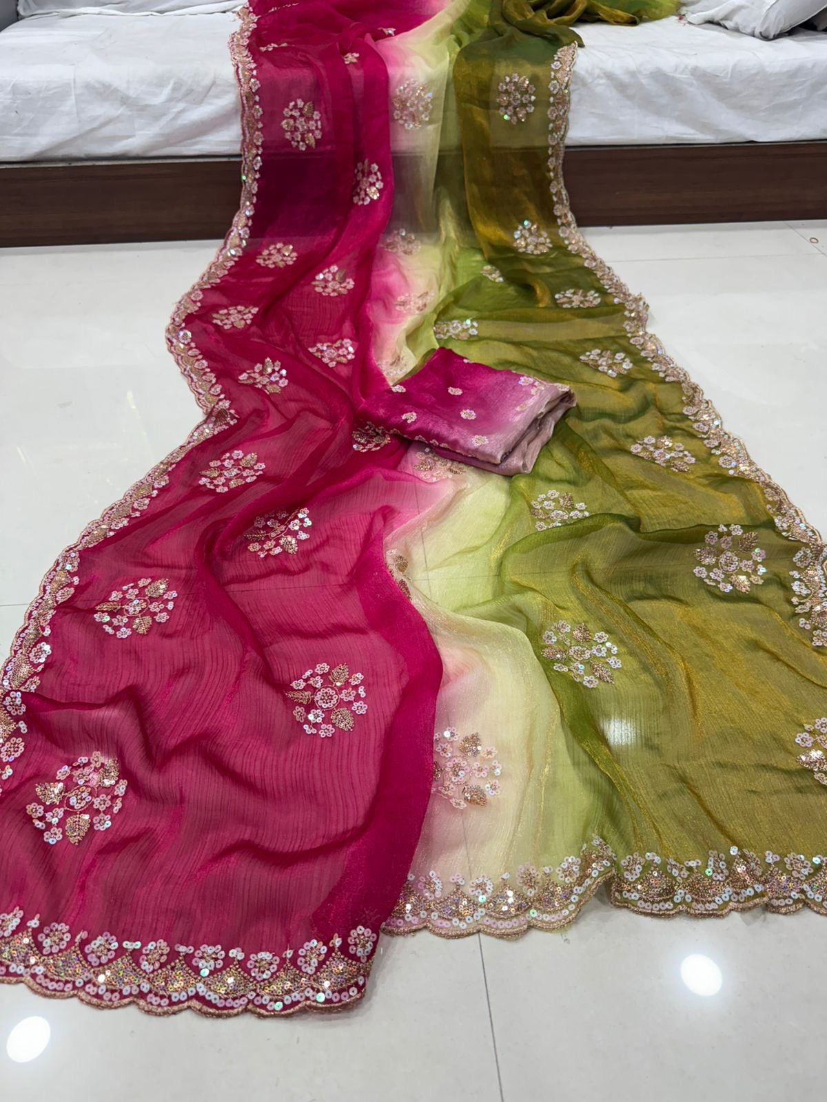 Fendy Chiffon Shaded Multi Sequence Emrodairy Work Saree With Running Blouse