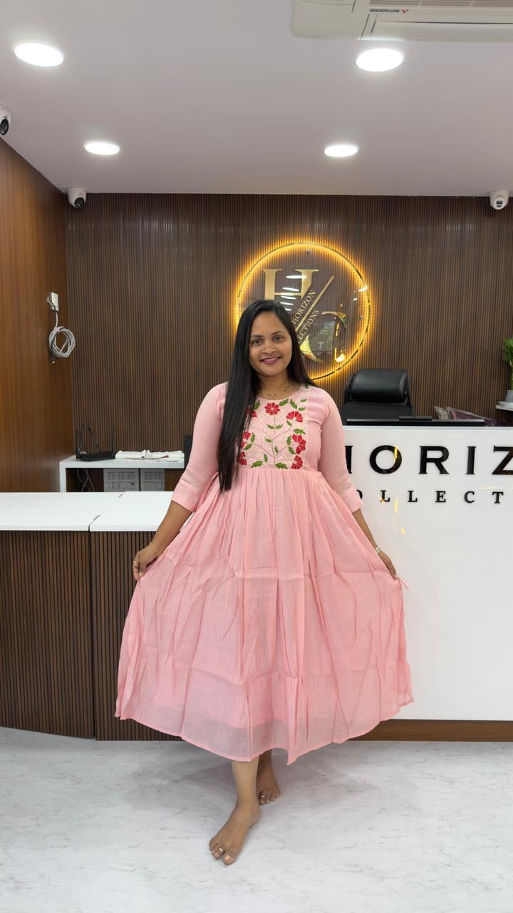 Mull Chanderi frock with thread embroidery