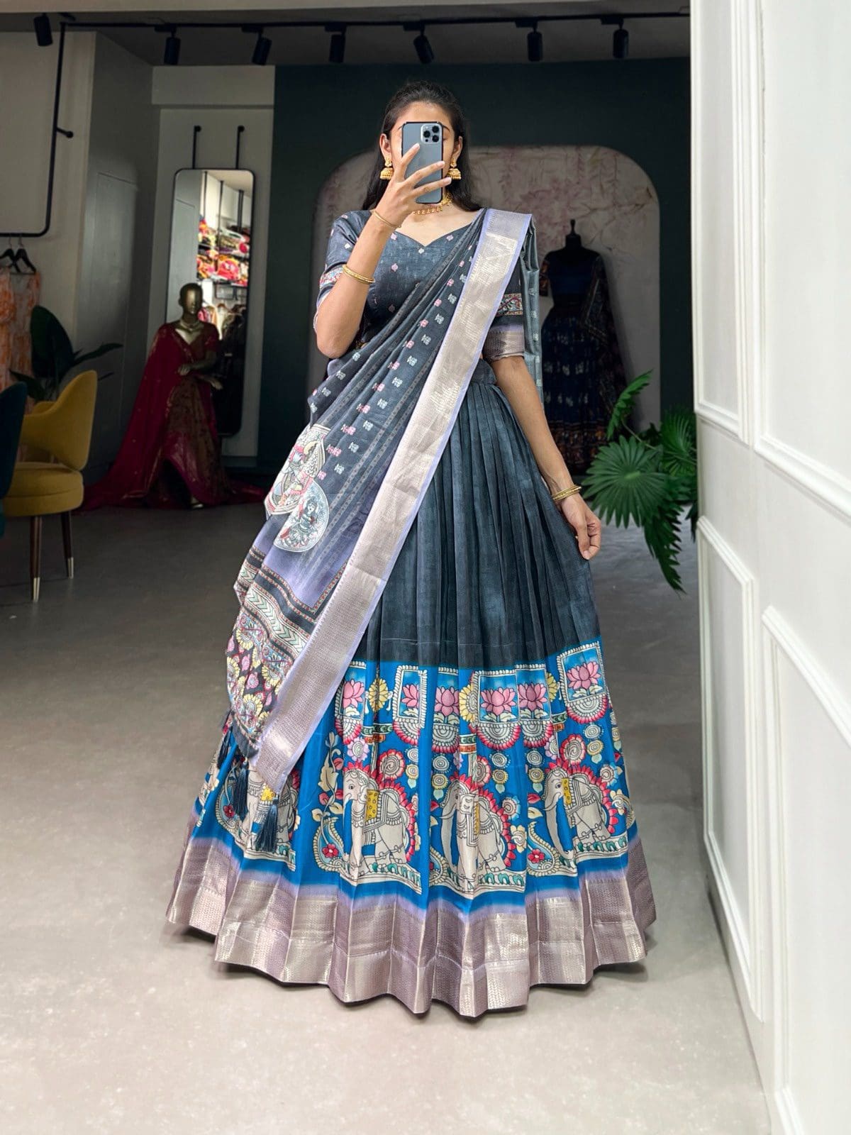 Kalamkari Design Lehengas In Dola