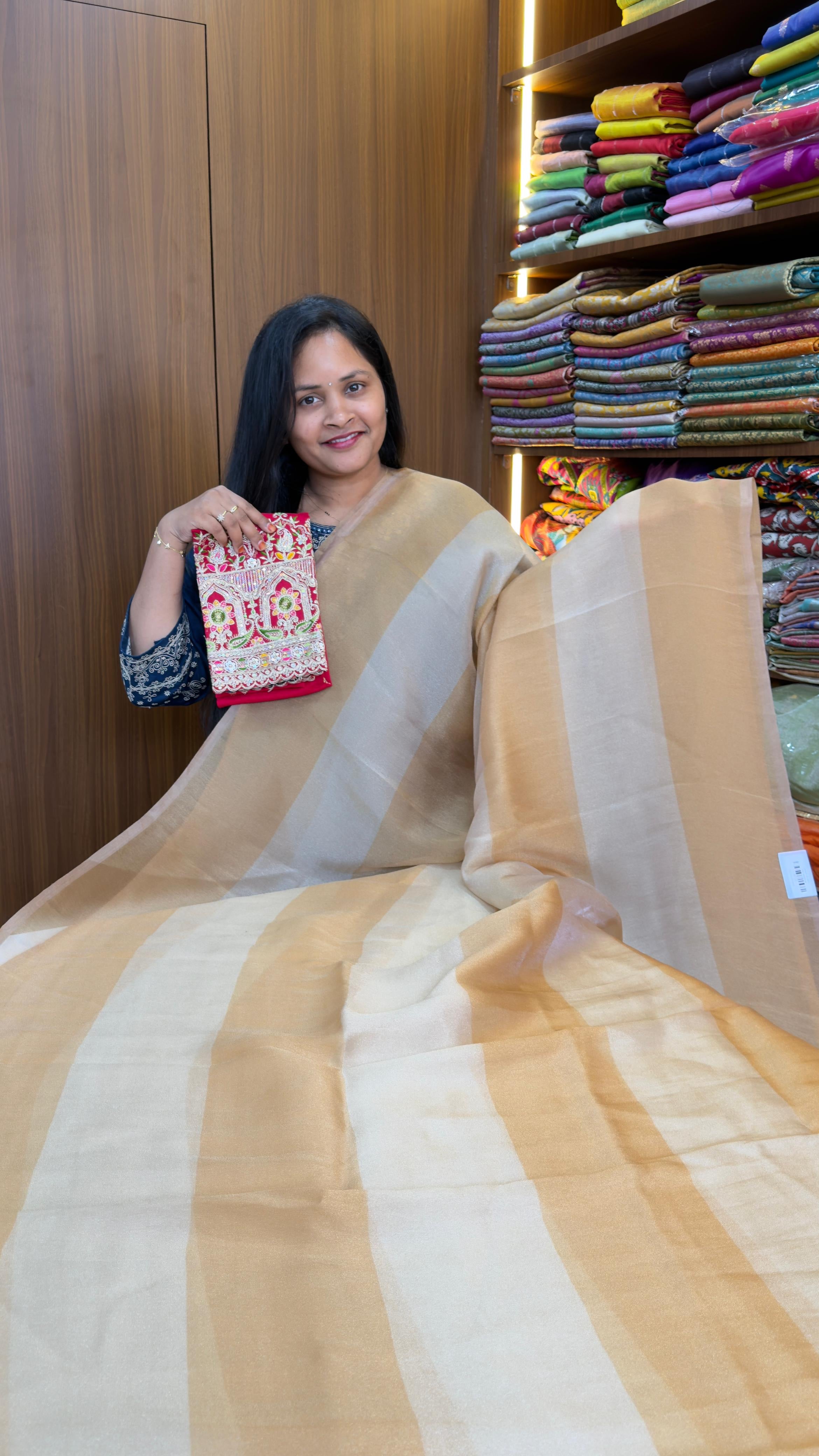 Gold &amp; Silver soft tissue saree with embroidery work blouse