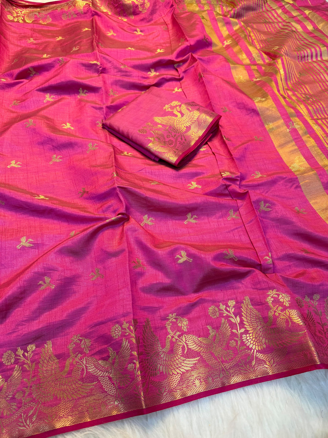 Soft Tusser silk saree with Chit Pallu Saree With Running Blouse(NON-STORE)