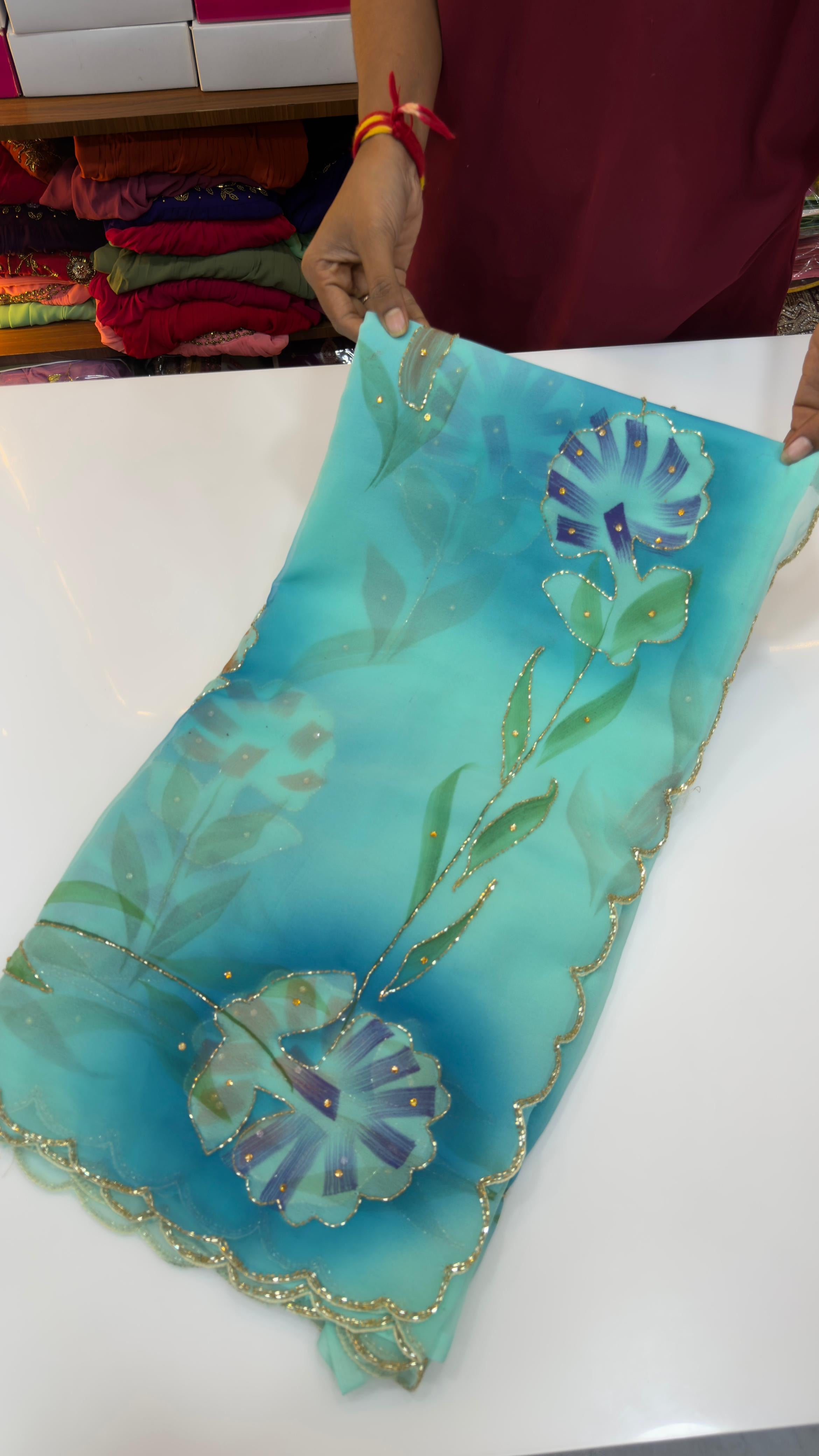 Light weight brush paint maggam work sarees