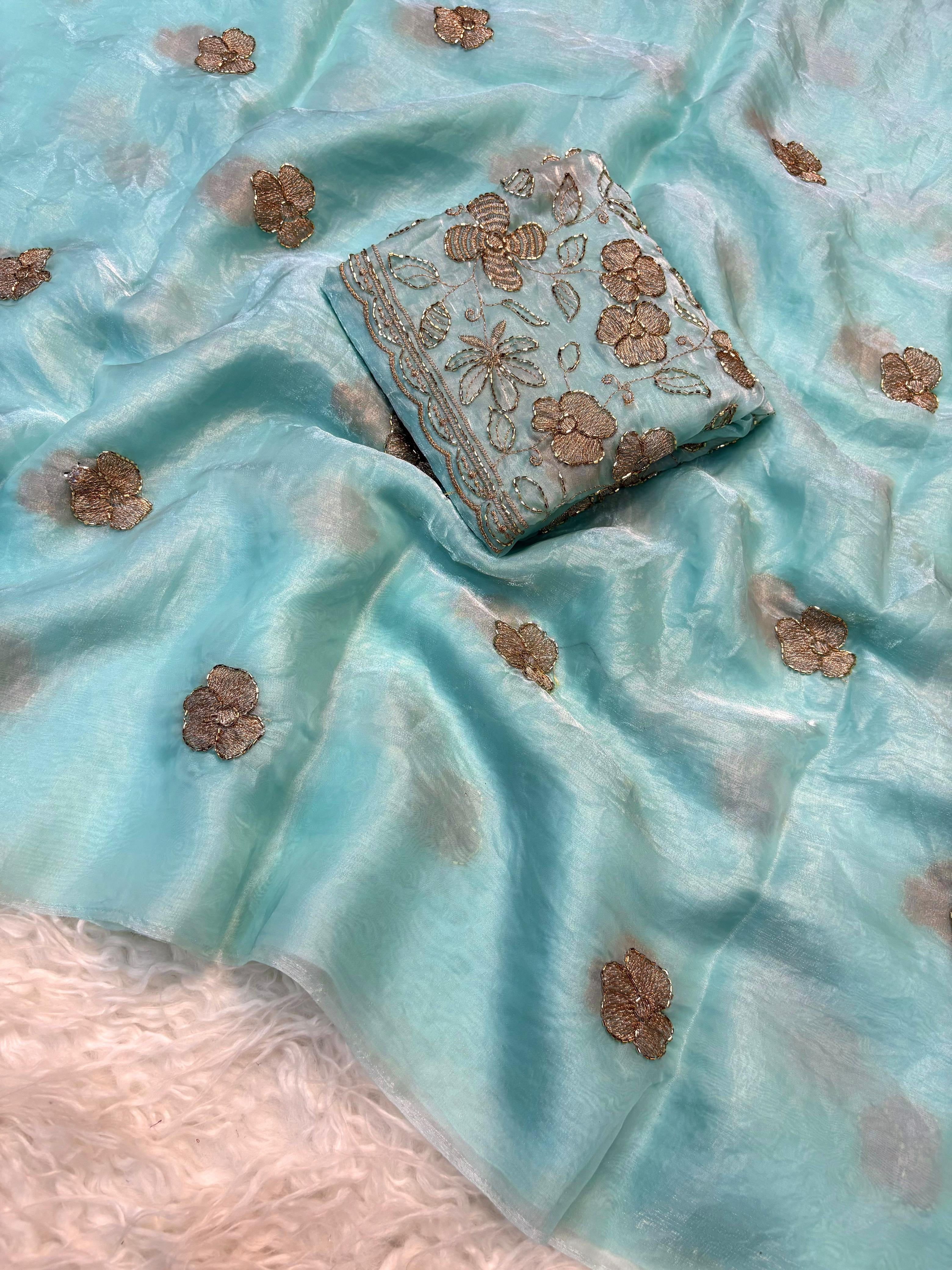 Two tone space silk fabric with designer blouse with handwork